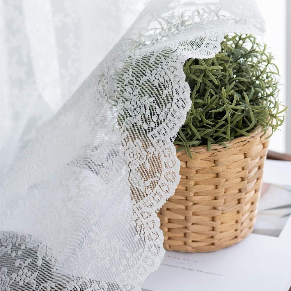 H.ebony White Rose Lace Curtains 90 Inch Length for Bedroom, Country Floral Knitted Sheer Lace Curtains 2 Panels Set, Rod Pocket Privacy Sheer Window Curtain Panels, 52 x 90 Inch, 1 Pair, White