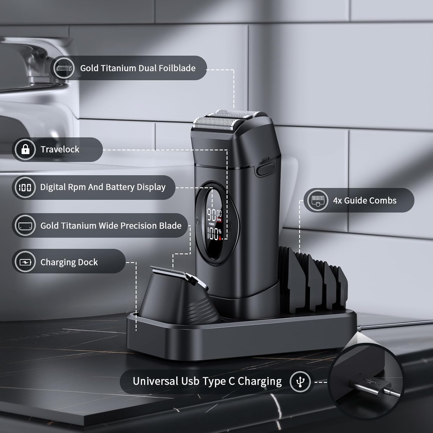 VTT Men’s Foil Shaver & Hair Clipper Kit,IPX7 Waterproof Electric Razor with Interchangeable Titanium Blades for Head and Face,LED Display,USB-C & Wireless Charging Dock,Wet/Dry Grooming Gifts for Men