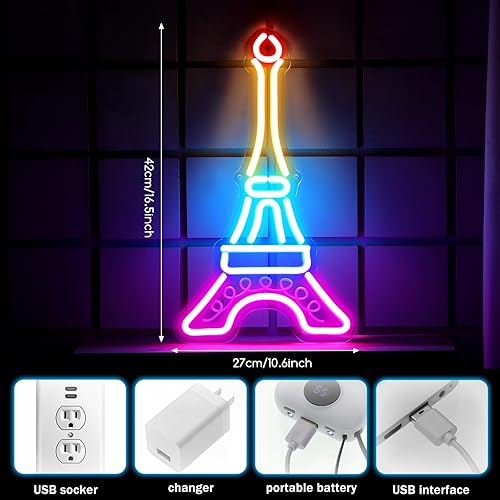 Miniatura 2 de VIHOSE Letrero de neón de la Torre Eiffel, regalos de Navidad, regalos de torre Eiffel, luz de neón LED, alimentada por USB, decoración de
