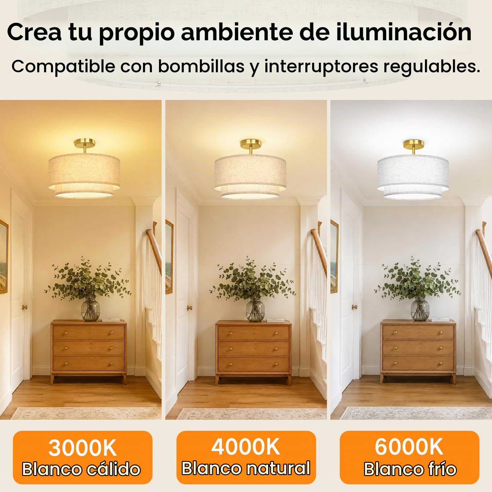 OUTON Plafón de Techo con Pantalla de Tela, 3 Luces, Dorado, Ø 40,6 cm | Doble pantalla de lino con difusor interior, 3 casquillos E27, compatible con bombillas regulables, para espacios interiores