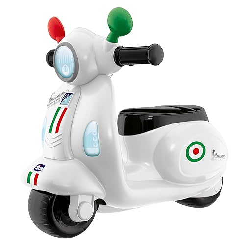 Chicco Vespa per Bambini Primavera Bianca, Moto Giocattolo Cavalcabile con Pannello Elettronico, Luci e Suoni, Ruote di Supporto Rimuovibili, Max 25 Kg, Giochi per Bambini 1-3 Anni