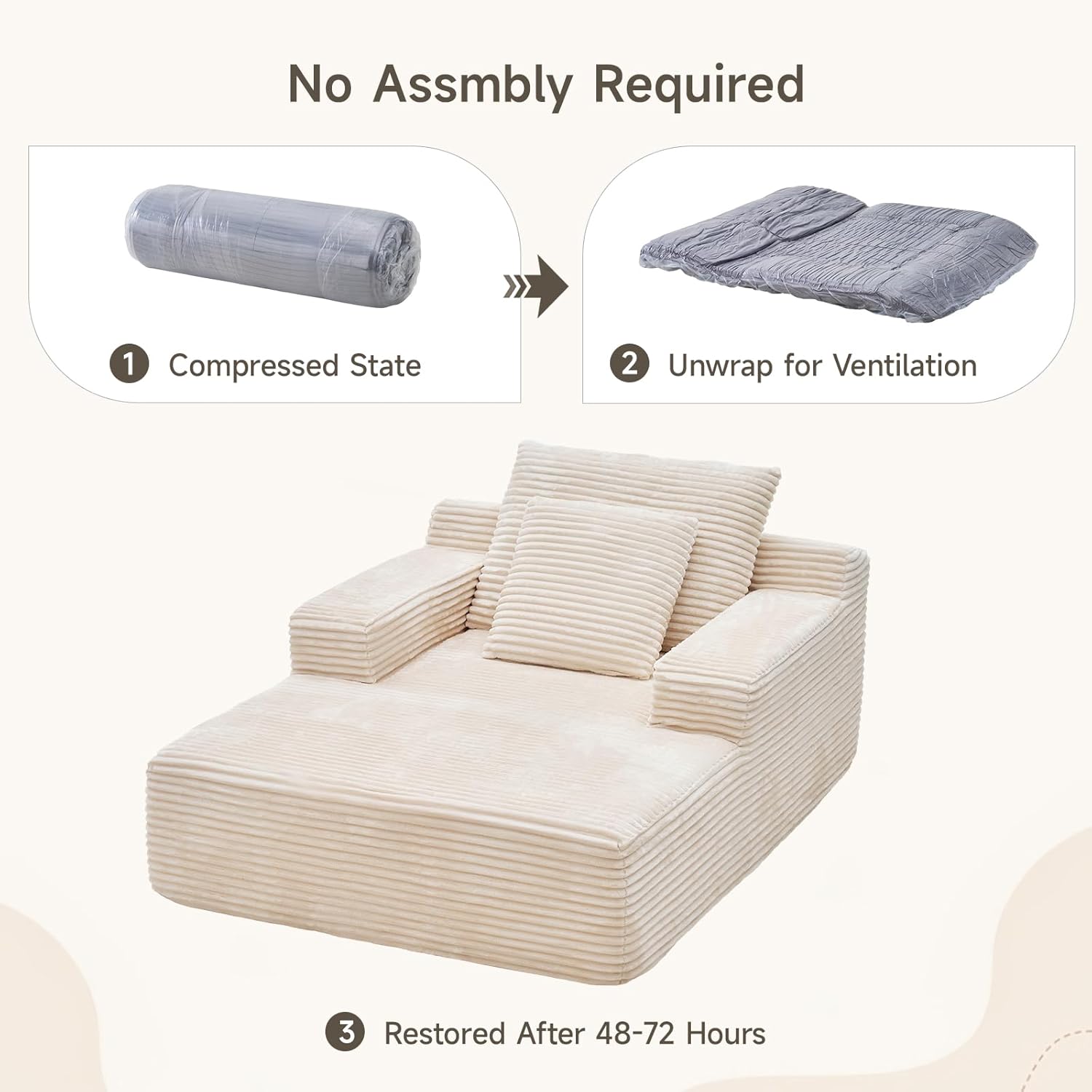 65" Chaise Lounge Chair Indoor,Oversized Upholstered Corduroy Sofa Bed, Cloud Sleeper Chairs with Throw Pillows&Wide Armrests,Couches for Living Room,Bedroom,No Assembly Required