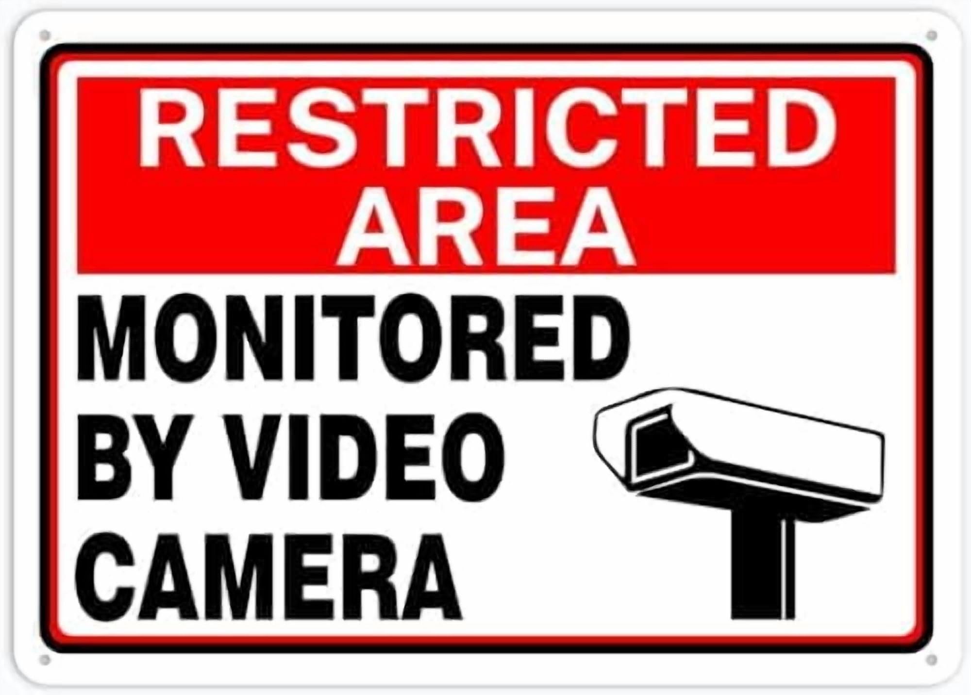 (2-Pack) Metal Tin Sign Restricted Area Sign Monitored By Video Camera Sign Restriction Alert Attention Caution Warning Notice 8"X12" Sign Plate