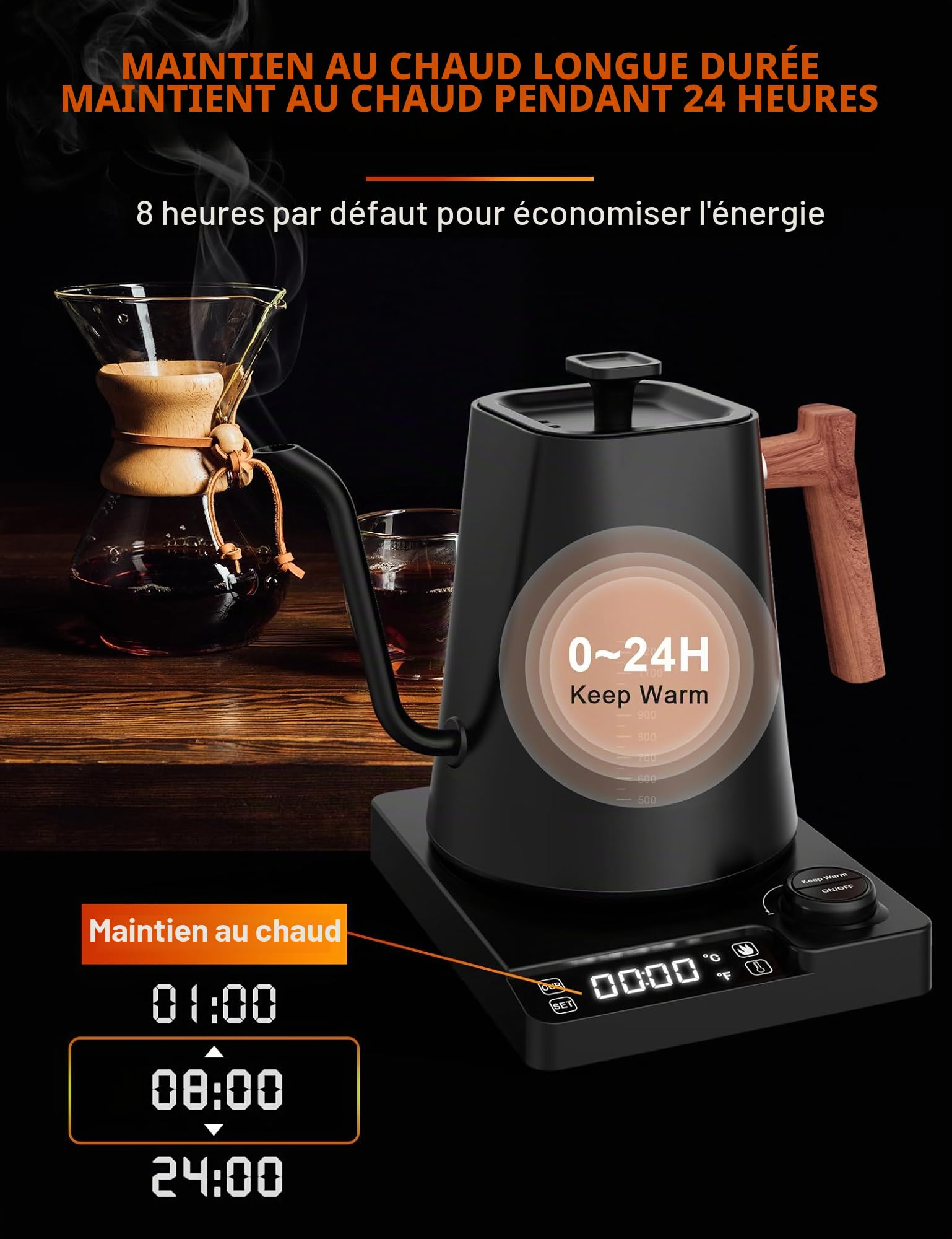 Bouilloire électrique 1L en acier inoxydable avec réglage de la température, col de cygne Bouilloire, fonction de chaleur 24 heures, bouilloire électrique avec affichage de la température, 1200W