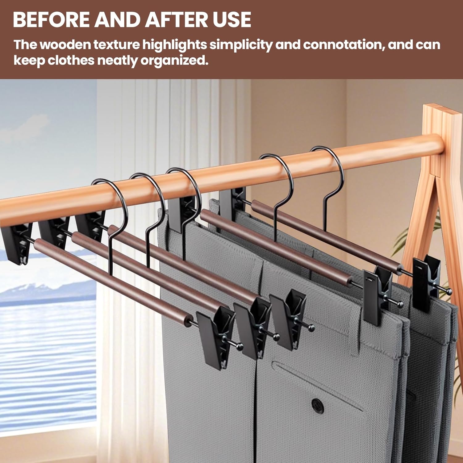 Jiang&Rong 20-Pack Wooden Hangers with Metal Clips - Adjustable Non-Slip Closet Organizers for Pants, Jeans, Skirts, Socks | Heavy-Duty Rustproof Hanger Set (Black)