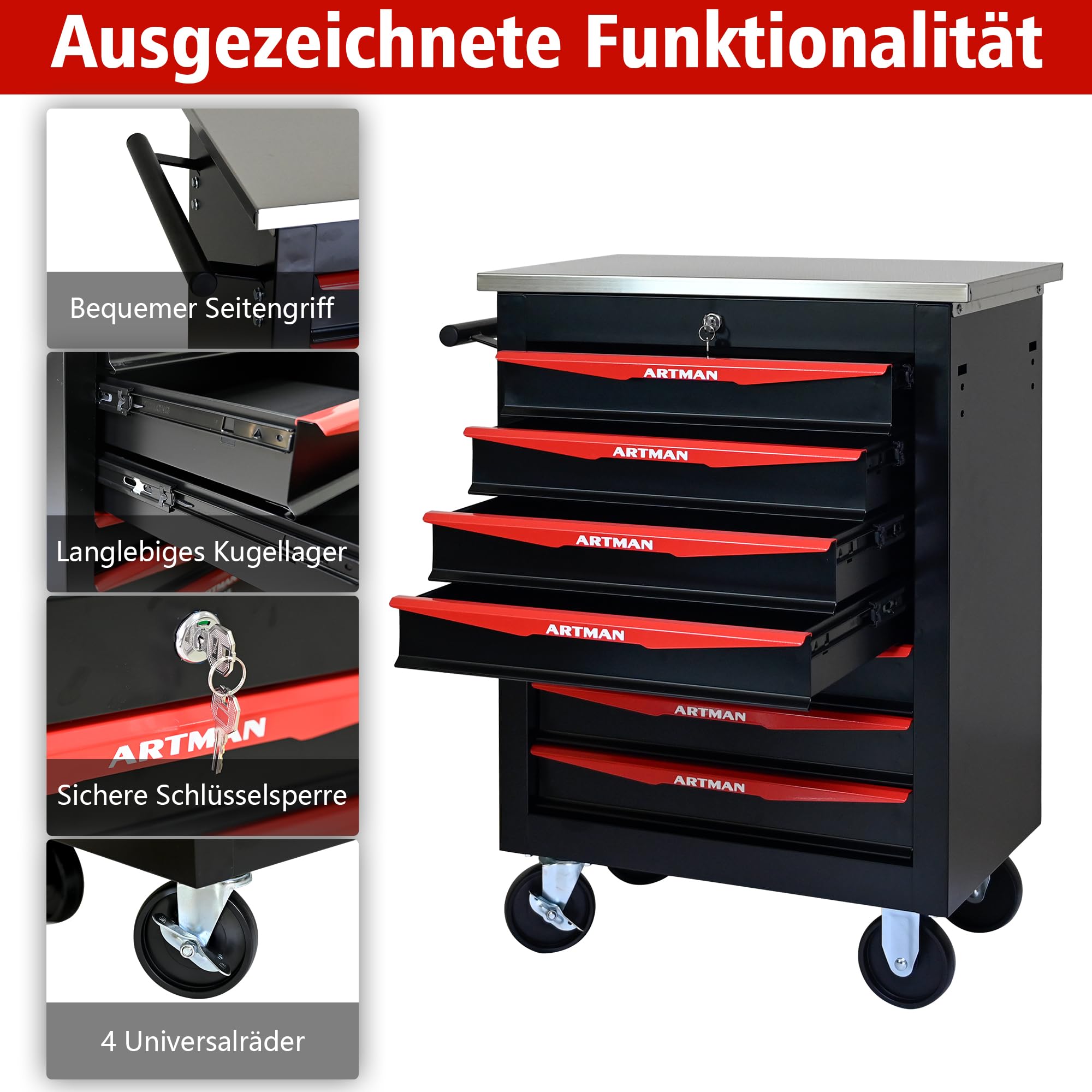 Generisch Carrello portautensili a 7 cassetti con 4 volanti e chiavi di sicurezza – Cassetti con cuscinetti a sfera, verniciatura a polvere per garage e officina, nero e rosso