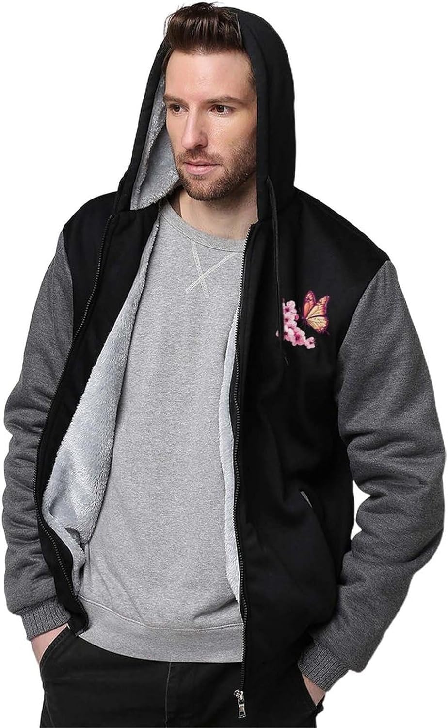 Cherryflowers Butterfly Men's Hoodie Full-Zip Hooded Sweatshirt Fleece Jacket Coat Winter Warm Clothing