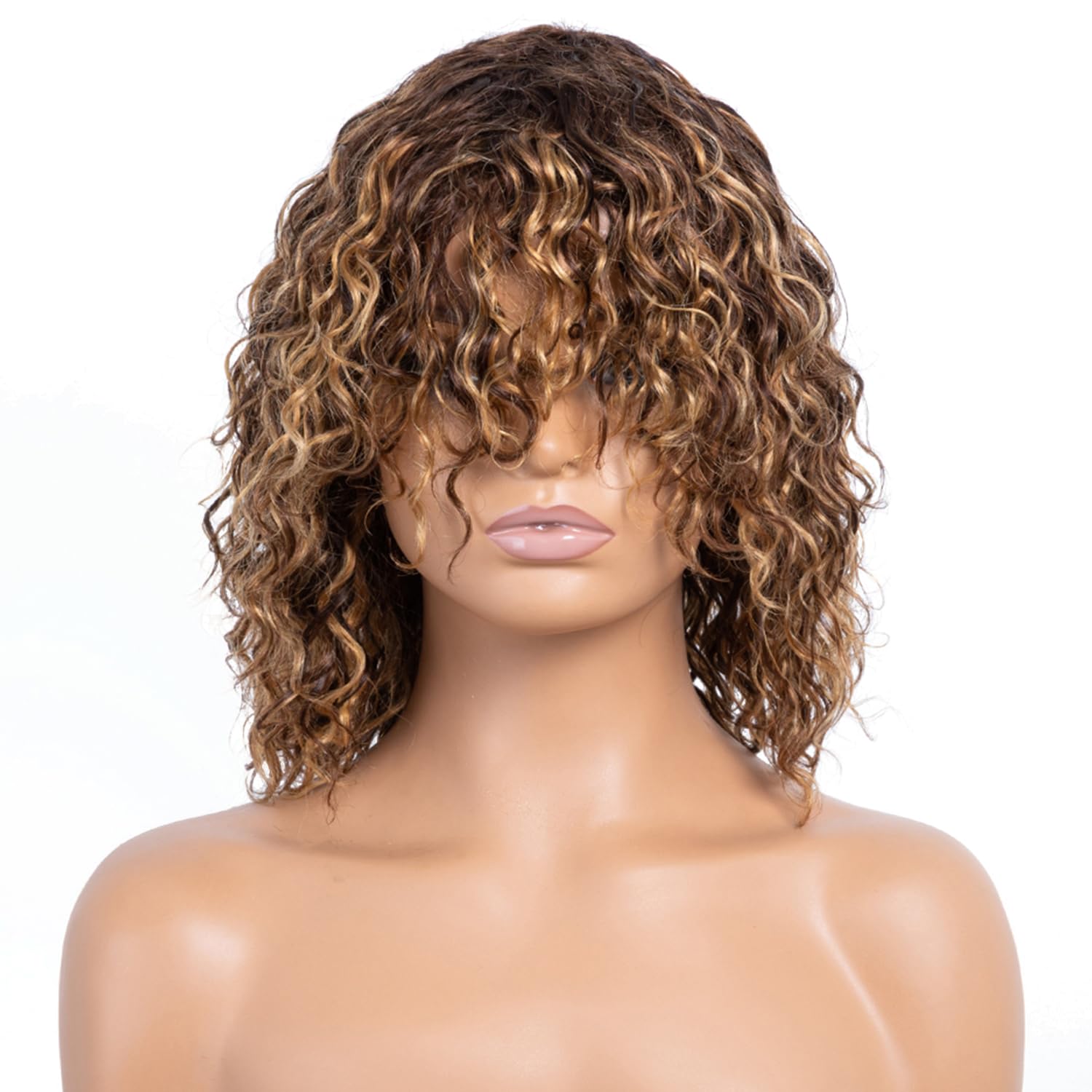 short curly wigs with bangs 100% Brazilian virgin human hair wear and go wig pixie cut machine made glueless water wave hair for black women brown colored p4/27 12 inch