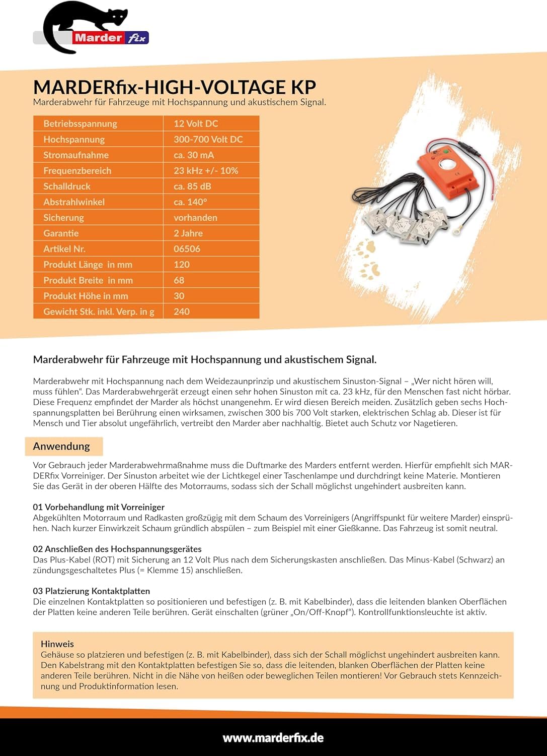 Marderabwehr komplett Set bestehend aus Hochspannungsgerät mit Ultraschall, On-Off Schalter,12V Anschluss und Duftmarkenentferner - Marderschreck, Marderschreck Auto