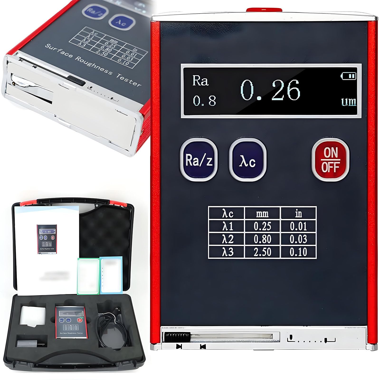 Tester chropowatości, przenośny miernik o wysokiej dokładności z wyświetlaczem LED, mierzy Ra/Rq 0,05-15μm i Rz/Rt 0,1-50μm, 4 parametry testowe, dokładność 0,01 μm