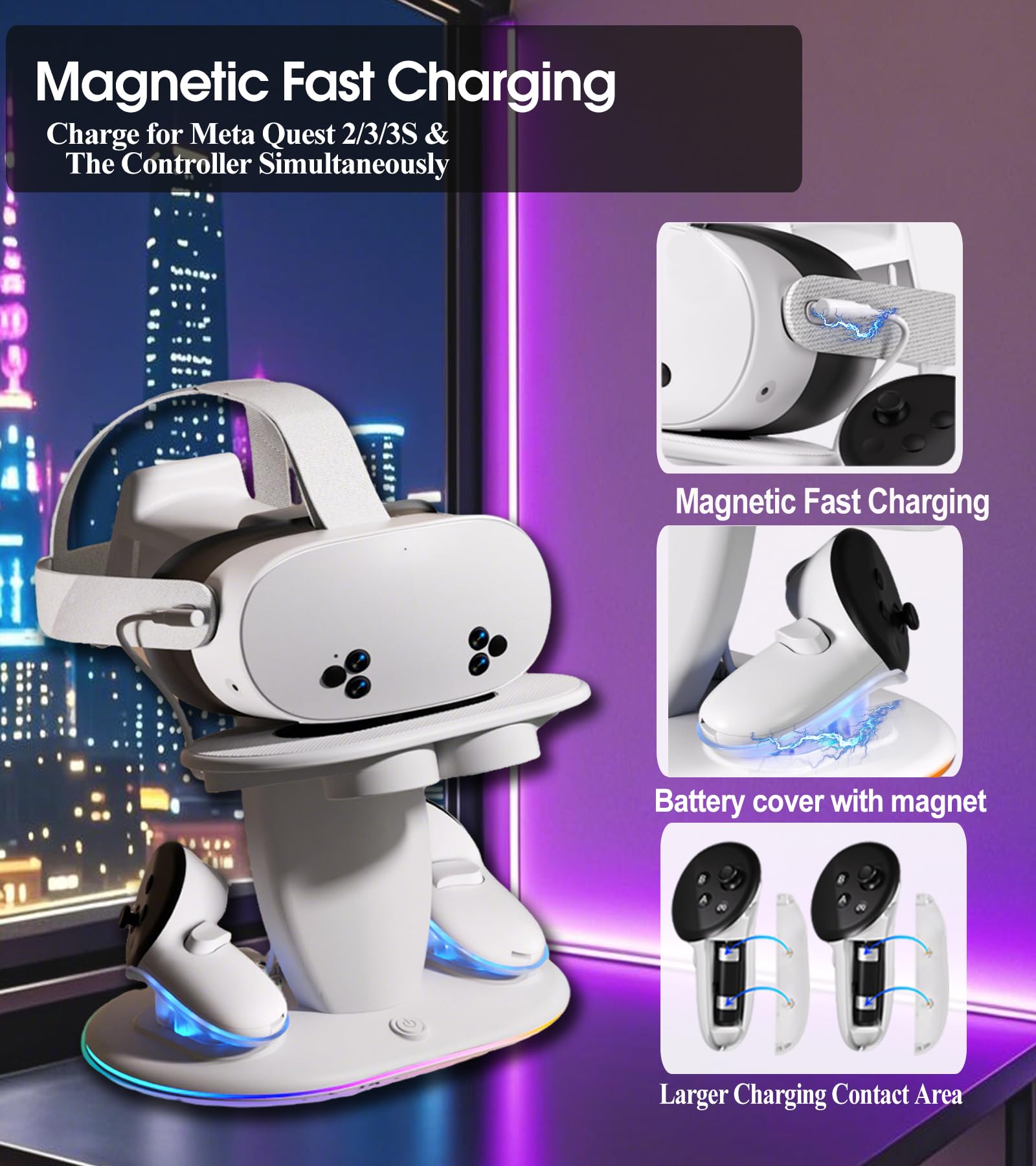 Ladestation für Meta Quest 2/3/3S/Quest Pro,Schnelllade-Dock mit RGB Beleuchtung für Controller, Ladedock mit USB C Schnellladung für VR Headset und Touch Controller (White)