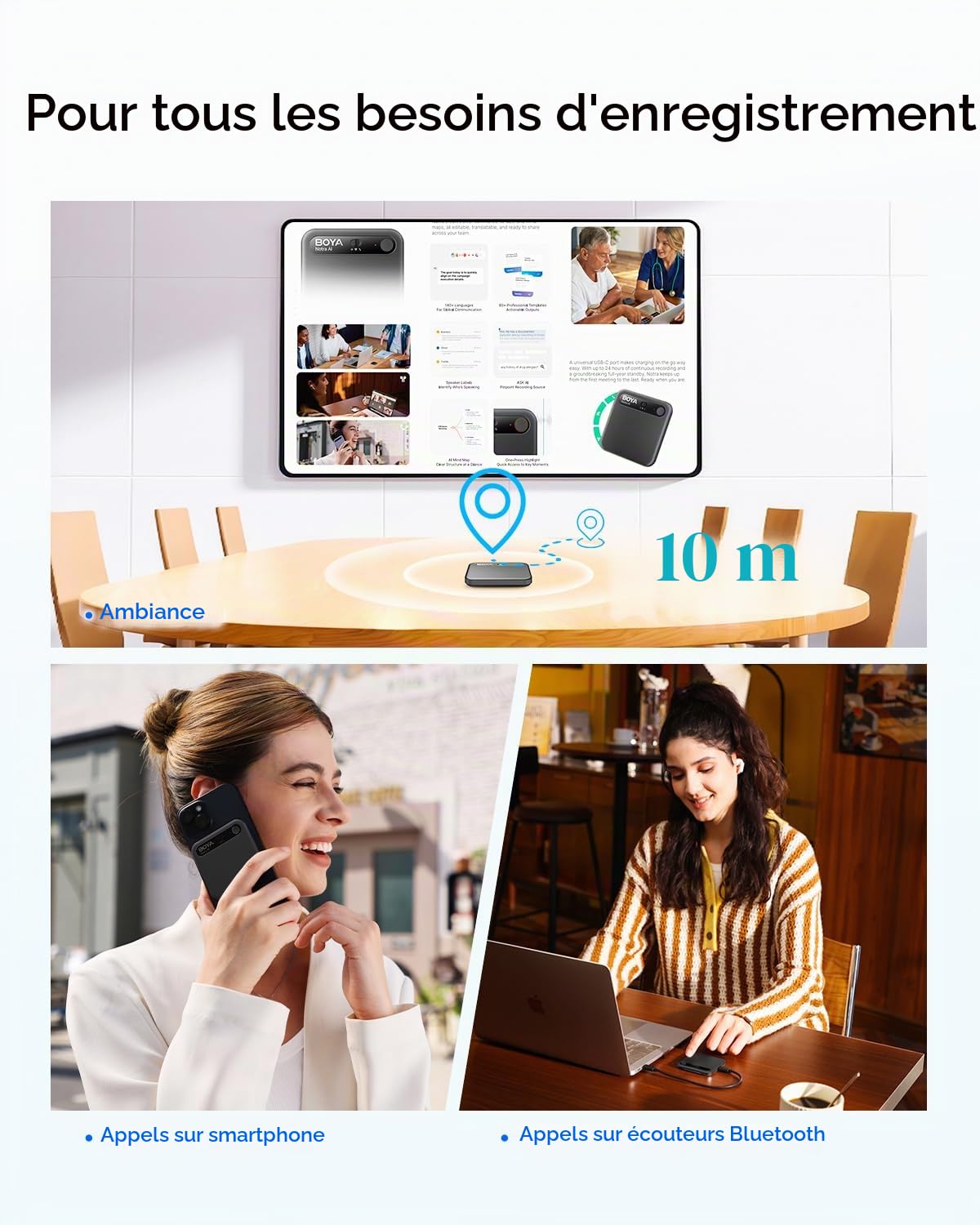 BOYA Notra Enregistreur Vocal AI, Capture 3 Modes – Ambiance/Appel téléphonique/Bluetooth, Transcription IA et résumé Intelligent, Prend en Charge Plus de 140 Langues, Stockage de 64 Go, Prise de