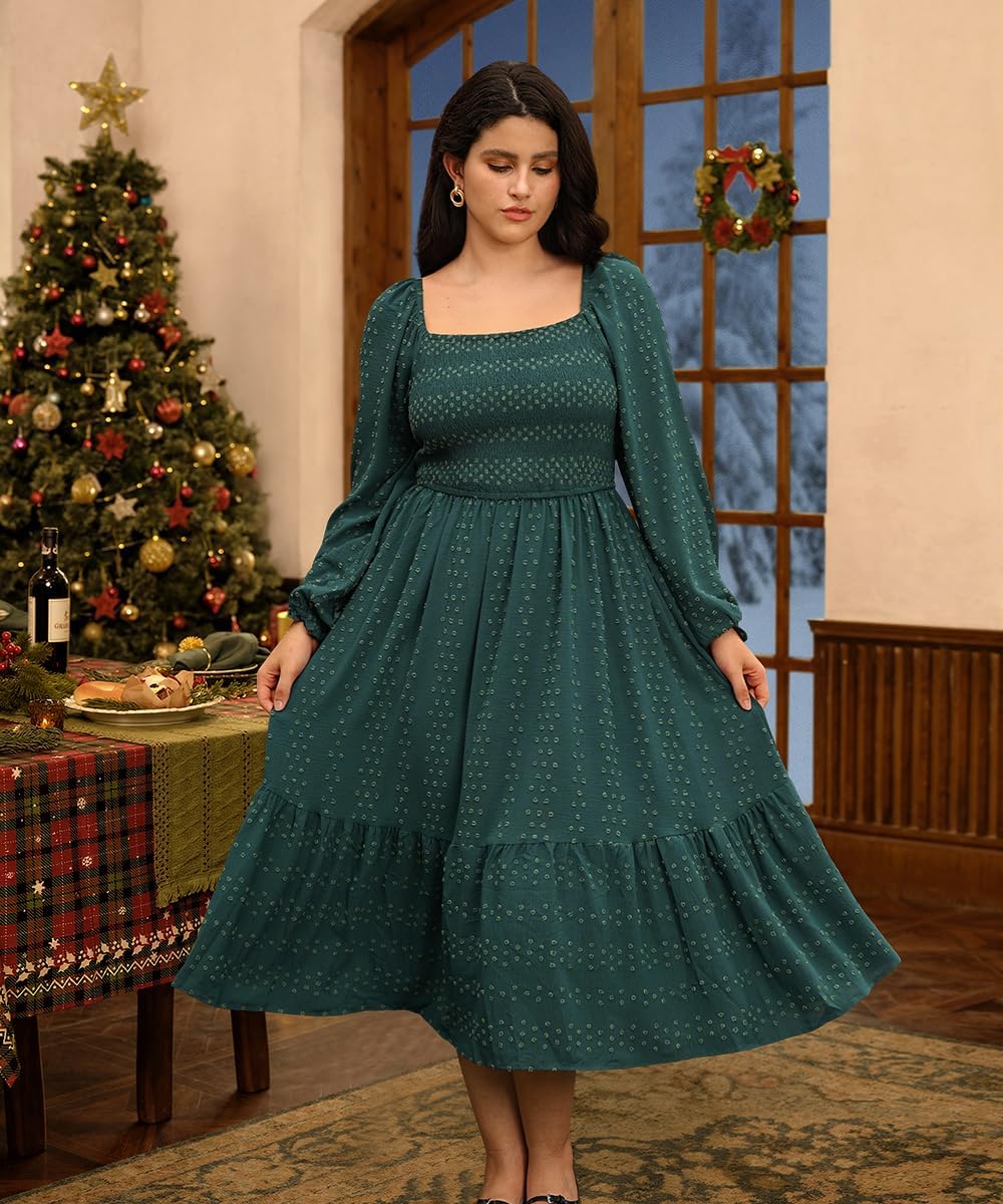 RITERA Plus Size Fall Dresses for Curvy Women Maxi Wedding Guest Long Sleeve Smocked Swiss Dot Winter Dress Pockets XL-5XL