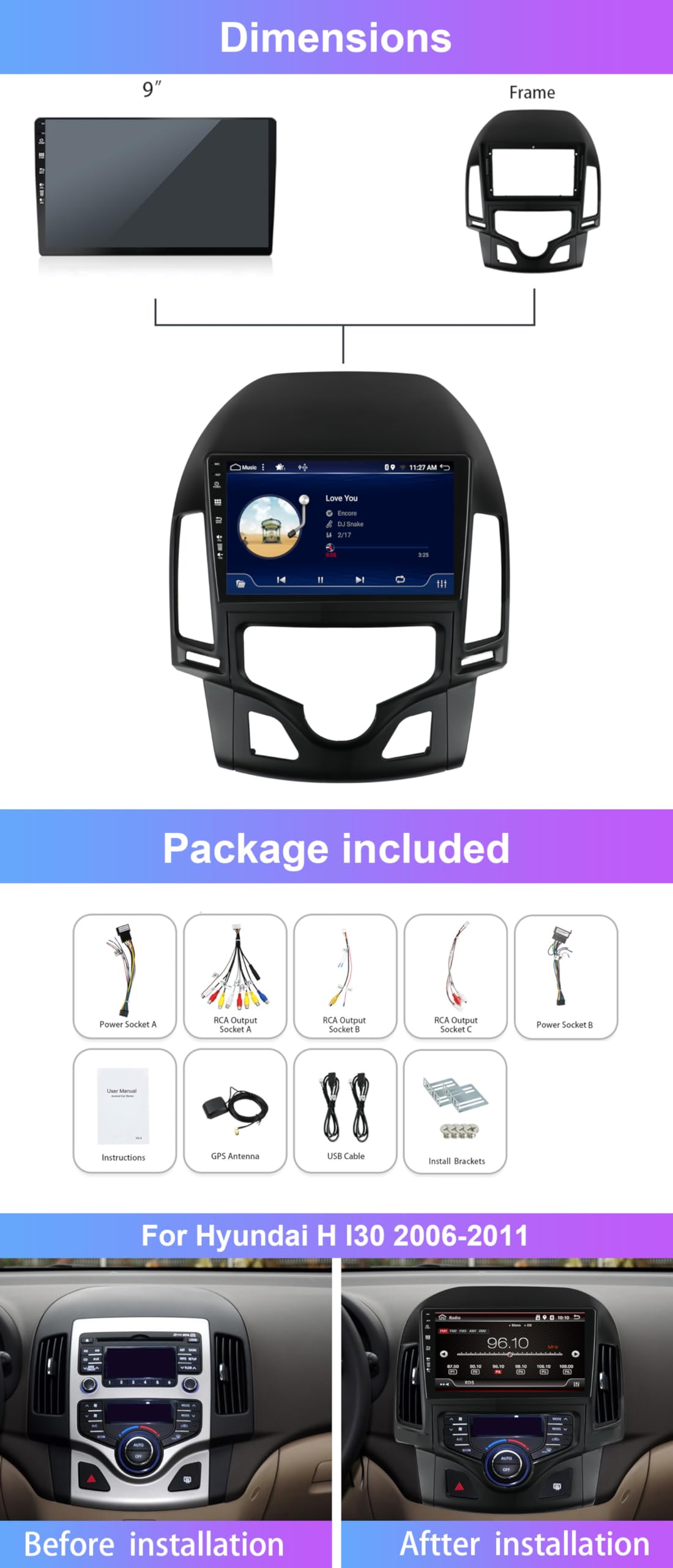 2G+32G Autoradio Android 16 pour Hyundai I30 2006-2011 avec Carplay Android Auto DSP écran Tactile 9 Pouces - Mirror Link GPS WiFi BT FM/RDS SWC Caméra