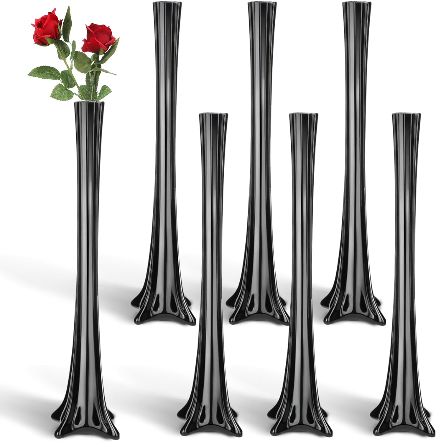 Roshtia 6 Pcs Eiffel Tower Vase Bulk 16 Inch Flute Vases Tall Glass Long Skinny Base Glass for Wedding Centerpiece Flowers Home Table Decorations Formal Dinners (Black) Black 6