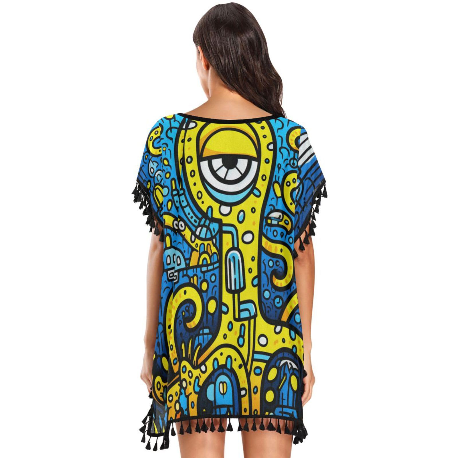 Abstract Doodle Art Octopuses Women's Beach Cover Up Chiffon Tassel Swimwear Swimsuit Coverups for Girl