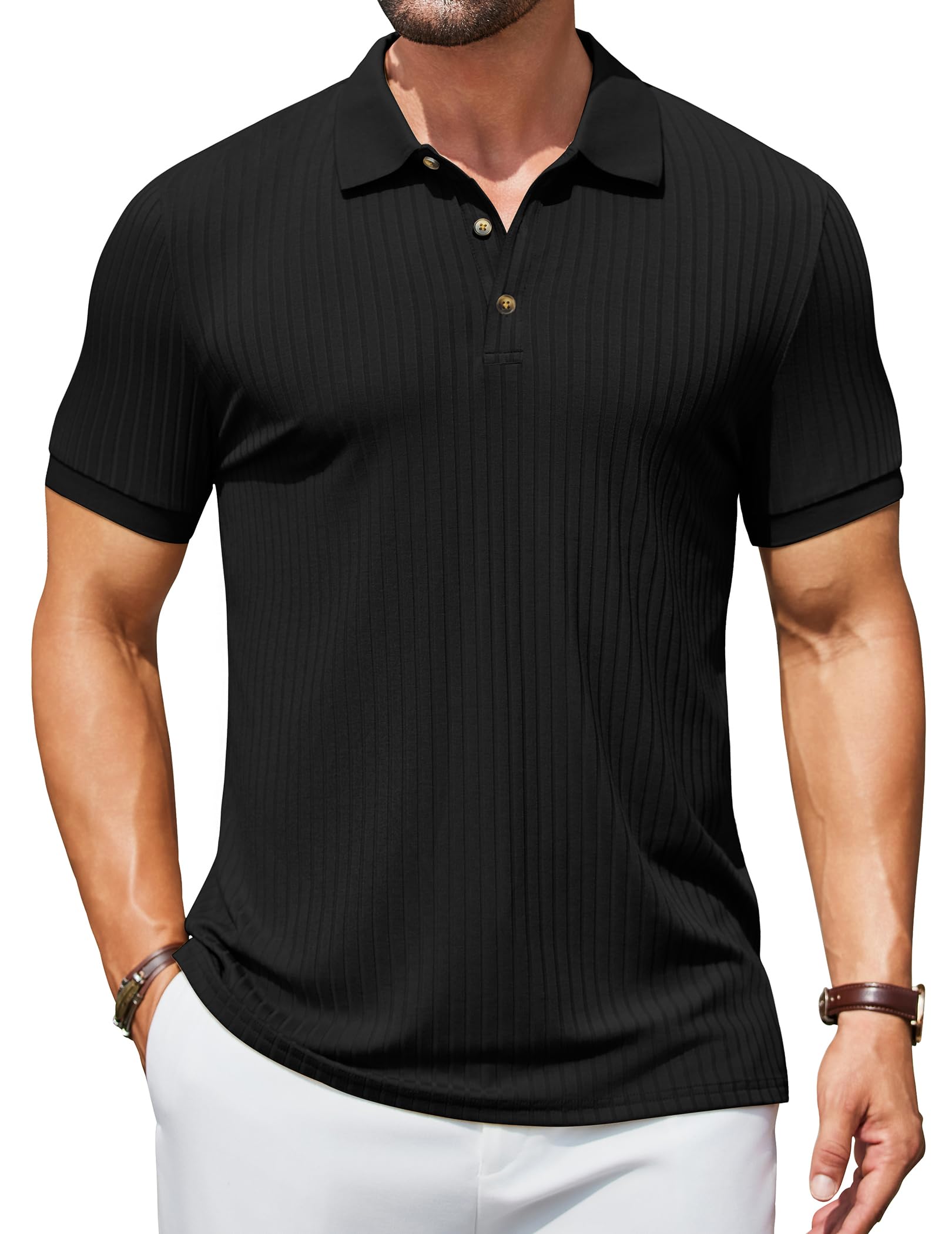 COOFANDY Men's Textured Polo Shirts Short Sleeve Slim Fit Casual Button Polo T-Shirt