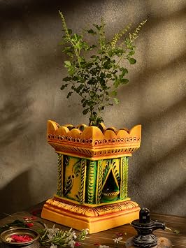 Village Decor Handmade Terracotta Clay Gardening/Brindavan Tulasi/Tulsi Pot/Tulsi Plant Container Indoor- Outdoor Planter W*H - 8 * 11.5 inch Multicolor