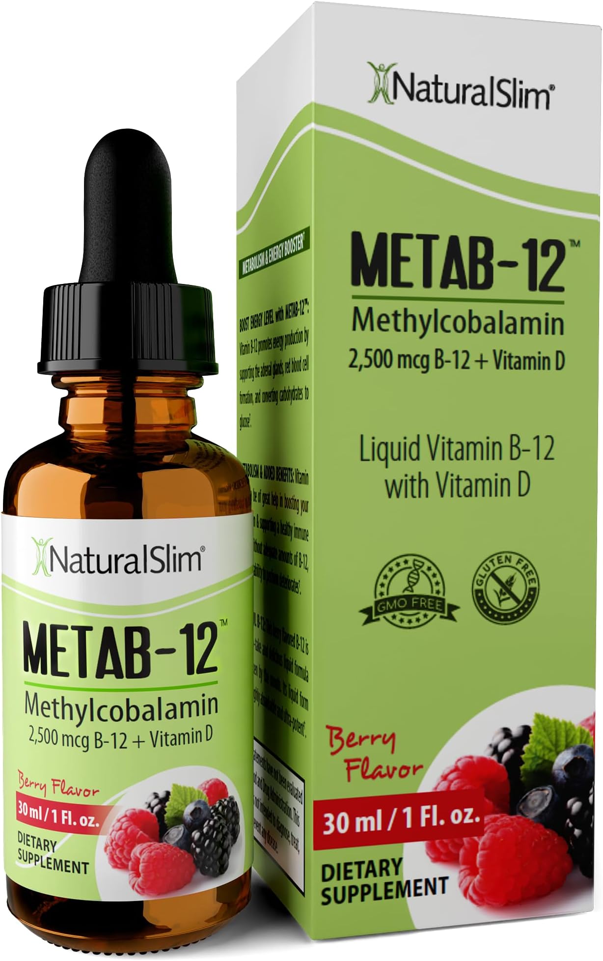 NaturalSlim Liquid B12 Vitamins with Vitamin D - Metab-12 Methylcobalamin 2500 mcg B12 Sublingual Drops for Metabolism, Energy, & Immune Support - Berry Flavor 1 fl oz