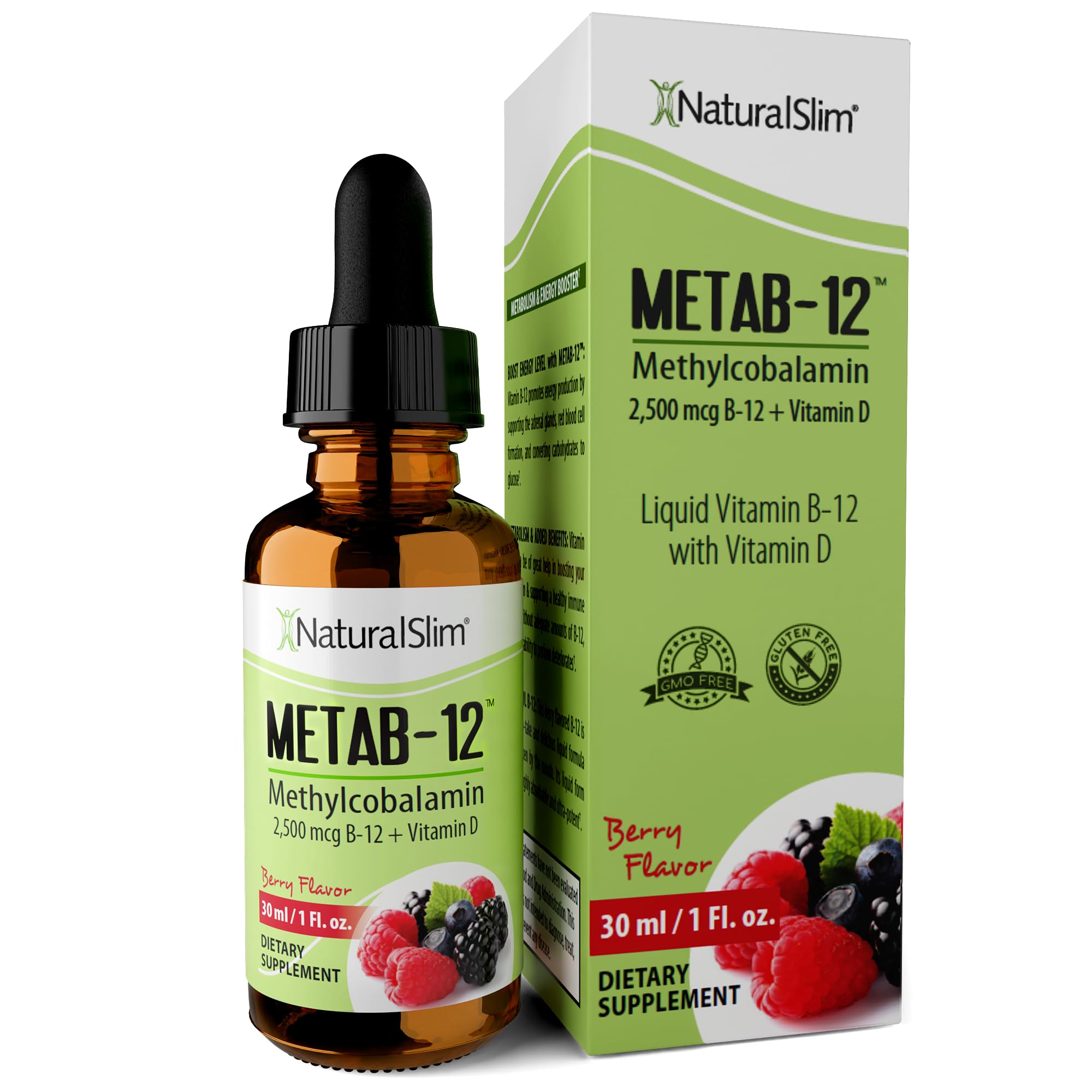 NaturalSlim Liquid B12 Vitamins with Vitamin D - Metab-12 Methylcobalamin 2500 mcg B12 Sublingual Drops for Metabolism, Energy, & Immune Support - Berry Flavor 1 fl oz
