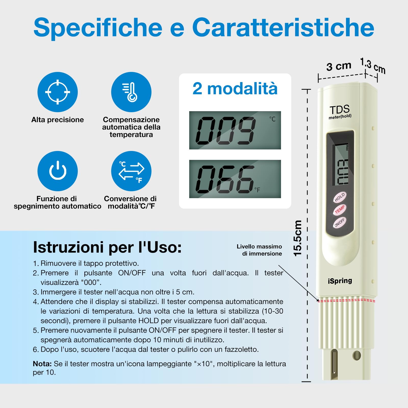 iSpring TDS Misuratore Digitale di Qualità dell'Acqua a 3 Pulsanti con Funzione di Test della Temperatura