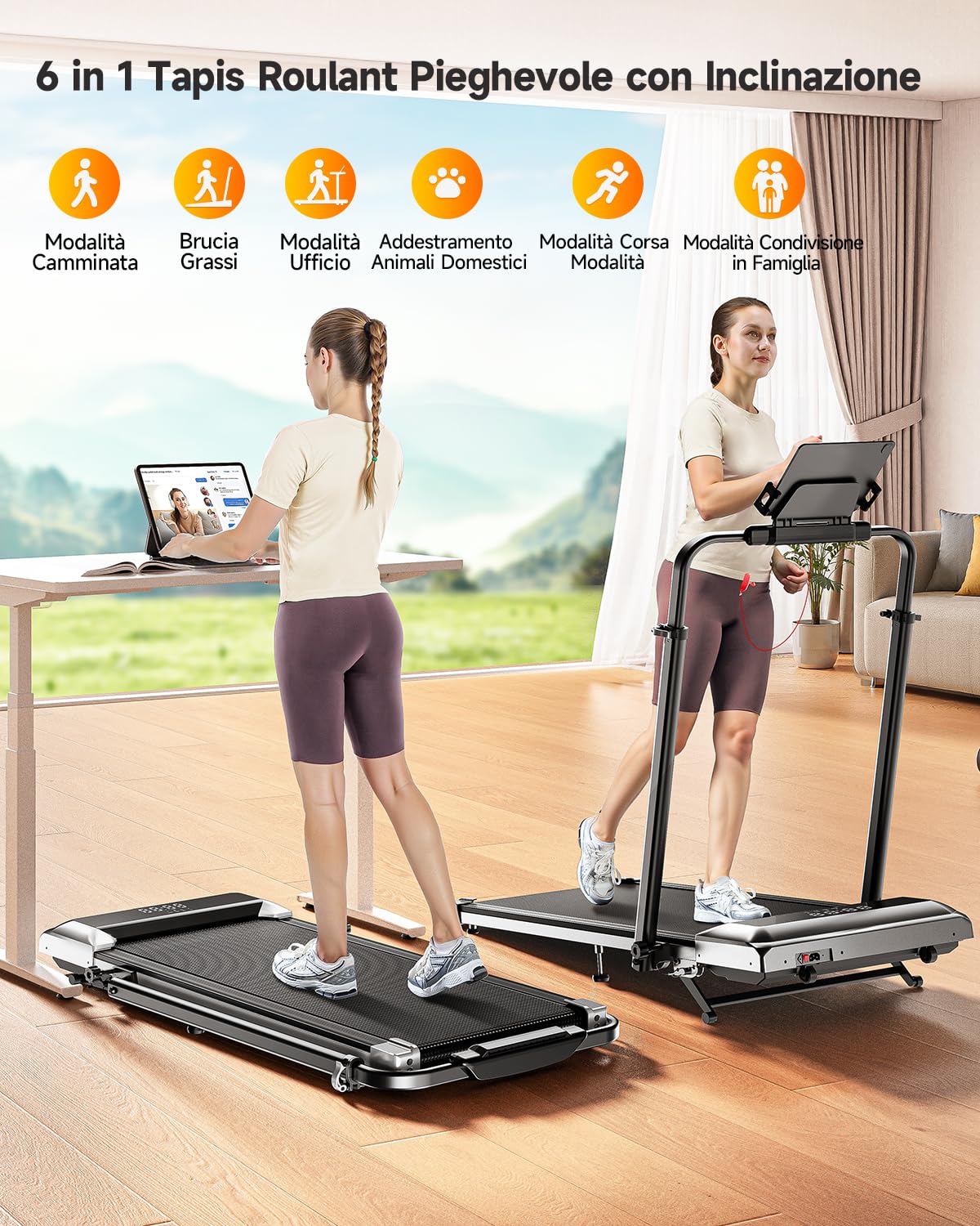 Tapis Roulant Elettrico con 12% Pendenza, 6 in 1 Tapis Roulant Pieghevole, 12km/h, 1150MM Tubo Montante Retrattile, Tubo Montante Rotante, 2.5HP Motore, App e Telecomando