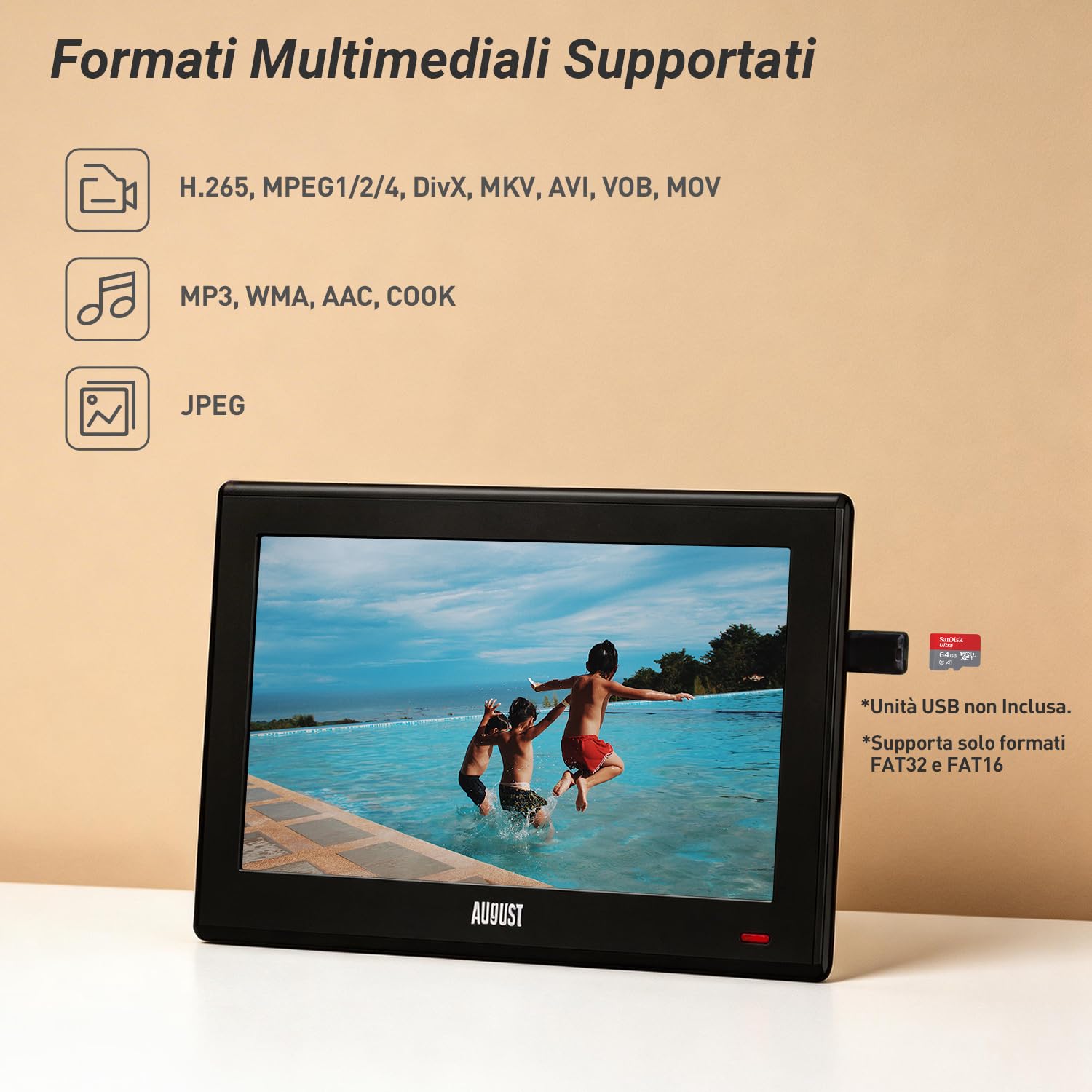 August DA100D Televisore Portatile TDT HD 10" DVB-T/DVB-T2/ Analogica / MPEG4 H.264/H.265/HEVC - TV Digitale LCD UHD con Multimedia Player, PVR, USB, Mini Televisone per Cucina, Soggirno, Auto
