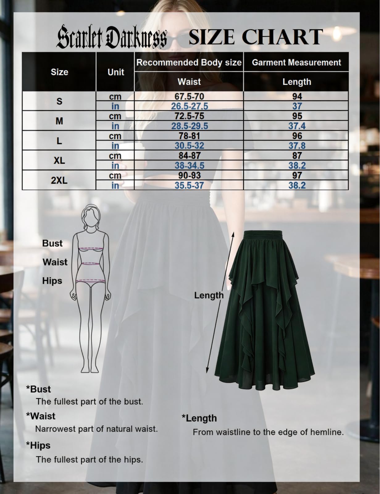 SCARLET DARKNESS Maxi Röcke Für Damen, Mittelalter Rock, Renaissance Rock, Irregulär Rüschen Elastische Taille Lange Röcke
