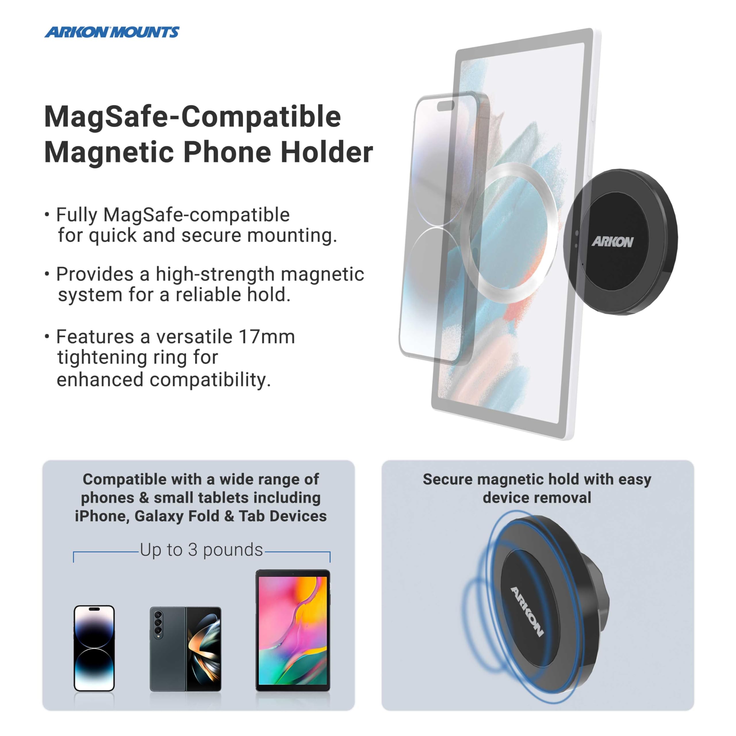 ARKON Supporto magnetico per telefono con ventosa, forti magneti al neodimio, supporto a ventosa per parabrezza e cruscotto, girevole a 360° per un facile posizionamento, per iPhone, Galaxy e altro