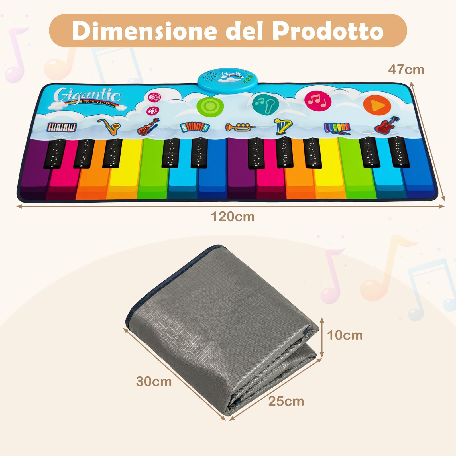 COSTWAY Tappetino Musicale, 24 Tasti Tappeto Pianoforte con 8 Suoni, Giocattolo Educativo per Bambini 1+ Anno, Regalo per Ragazzi (120 x 47 cm)