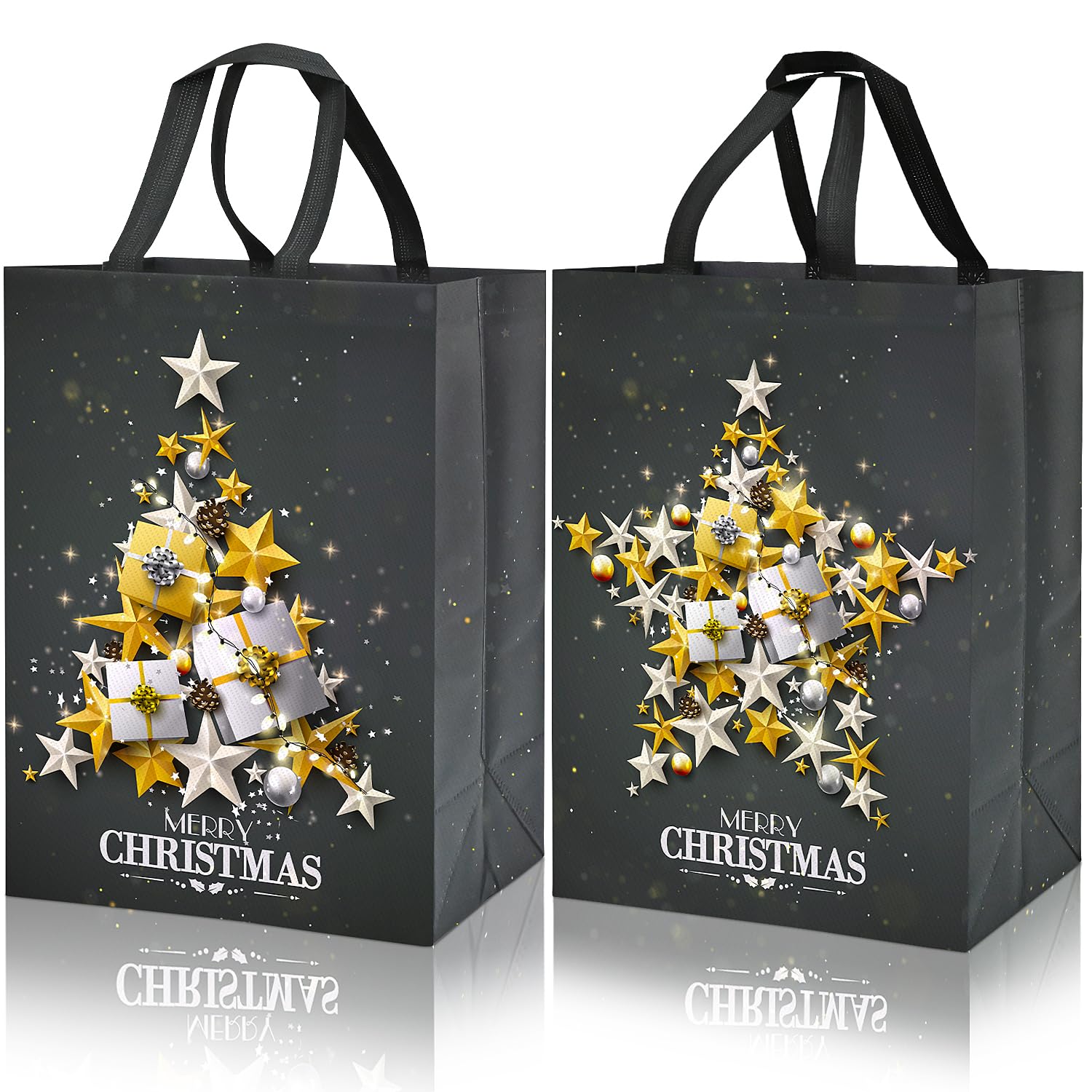 2pcs Large Xmas Gift Bags for Presents,41 * 30 * 18cm Grey Christmas Tote Bags with Christmas Tree,Reusable Non-woven Bag Printed with Golden and Silver Stars