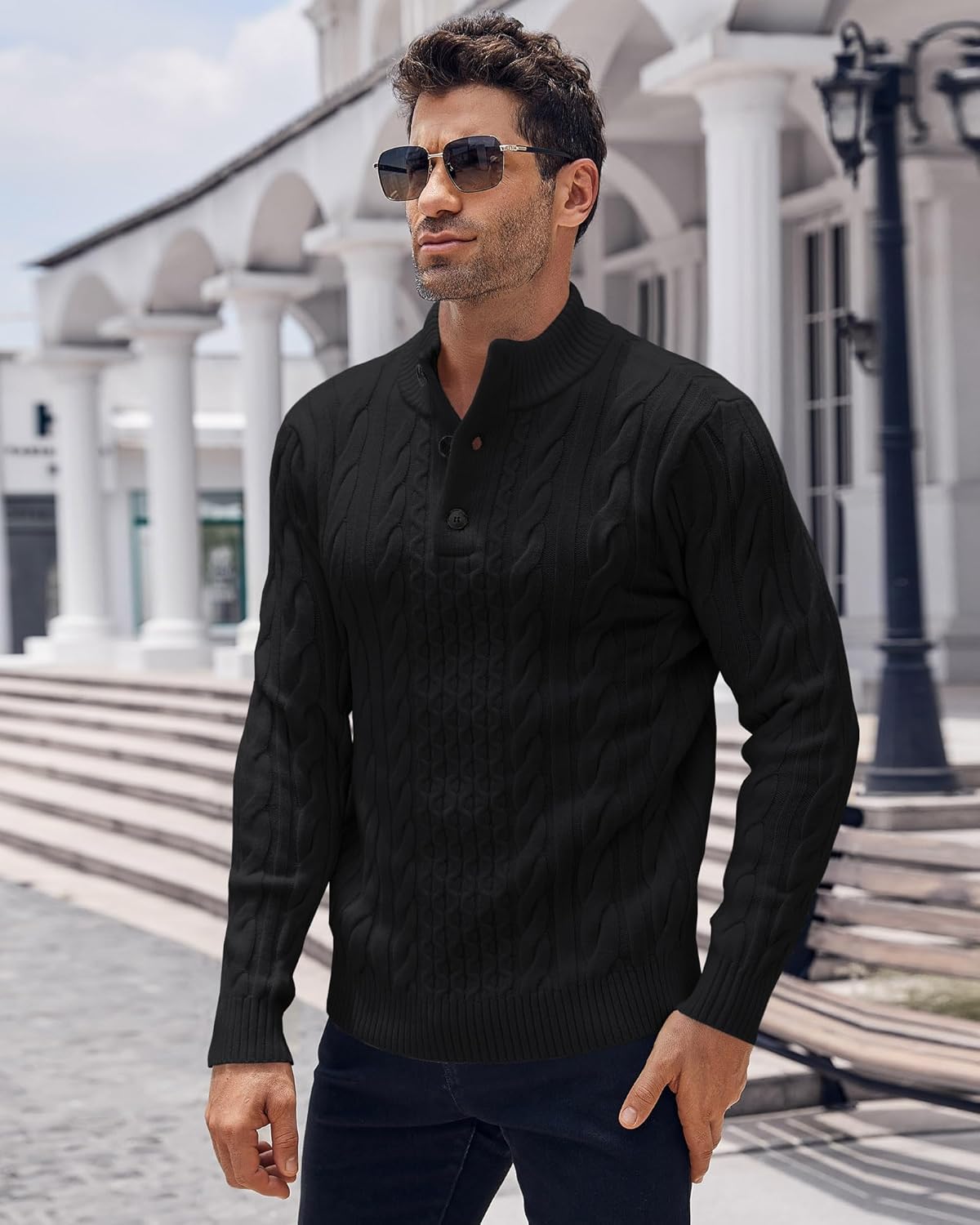 Beotyshow Mens Stand Collar Pullover Sweaters Cable Knitted Solid Twisted Thermal Sweaters with Buttons for Men - Image 2