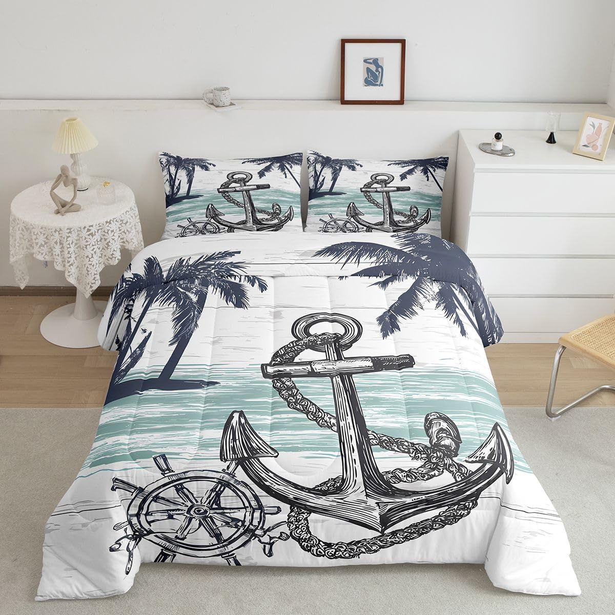 Feelyou Anchor Decor Comforter Set Full Size Kids Leaf Pattern Comforter for Boys Girls Teens Ocean Themed Bedding Set Sea Adventure Duvet Set Ocean Nature Theme Quilt