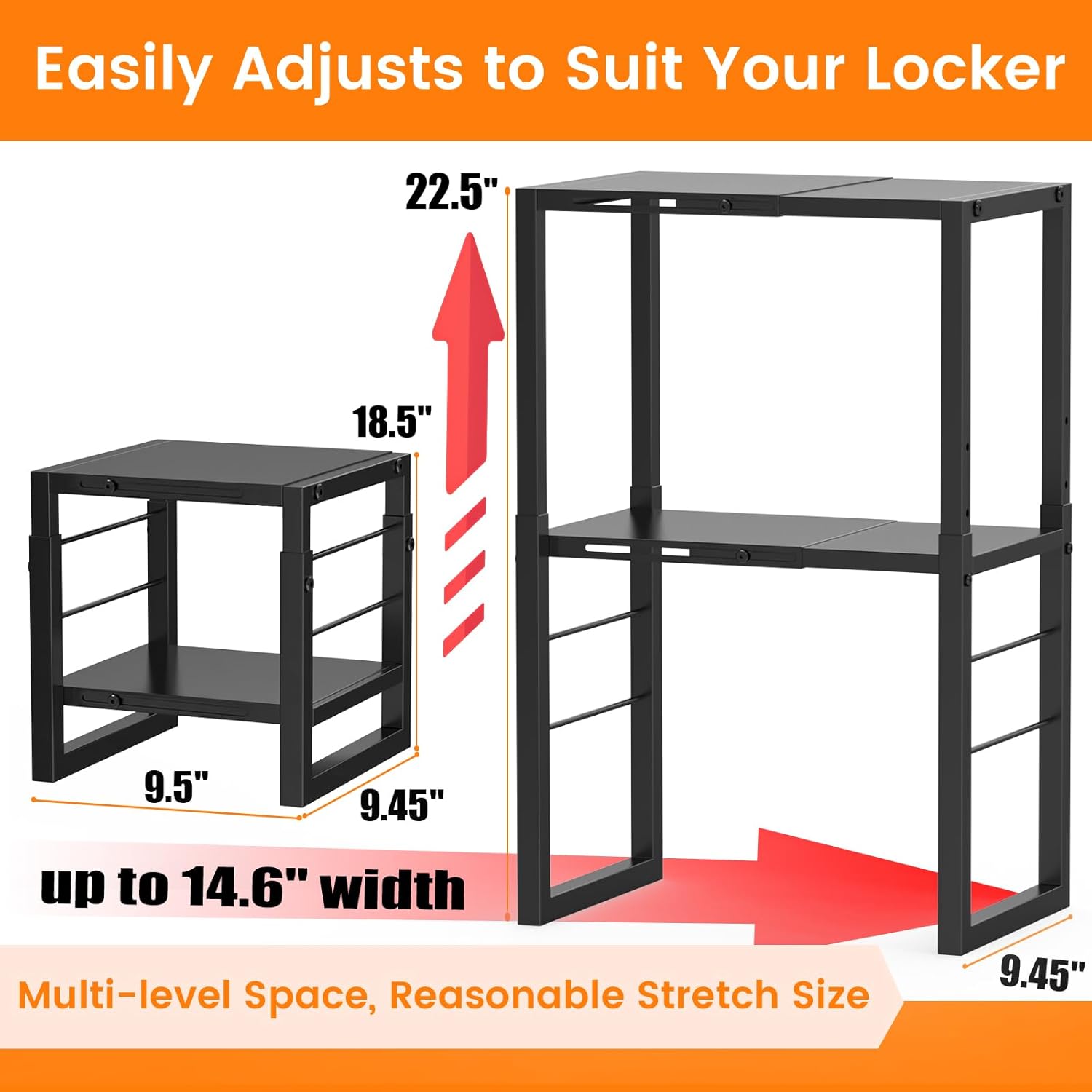 Locker Organizer Shelf, Metal Adjustable Width and Height, Ideal Locker for School, Office, and Gym Lockers, Extends Locker Storage Organization, Black