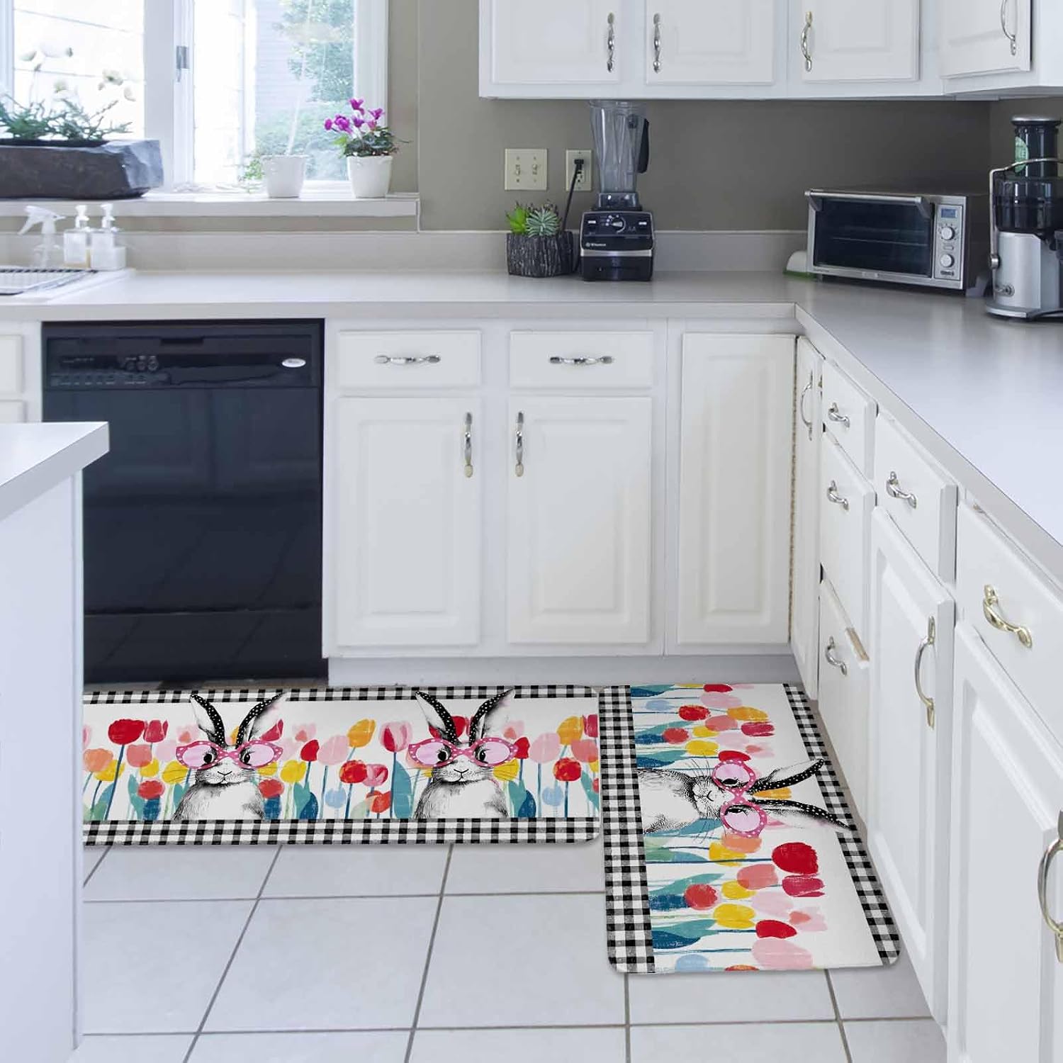 Spring Easter Kitchen Rugs and Mats Set of 2, Non-Slip Kitchen Sink Mat, Colorful Flowers Tulips Bunny Lattice Washable Doormat Bathroom Rugs Runner for Bedroom/Living Room 17.7"x30"+17.7"x59"