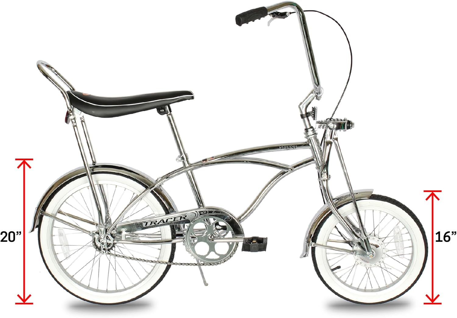 Tracer Classic Beach Cruiser Lowrider Bike with 20 inch rear wheel and 16 inch front wheel indicated
