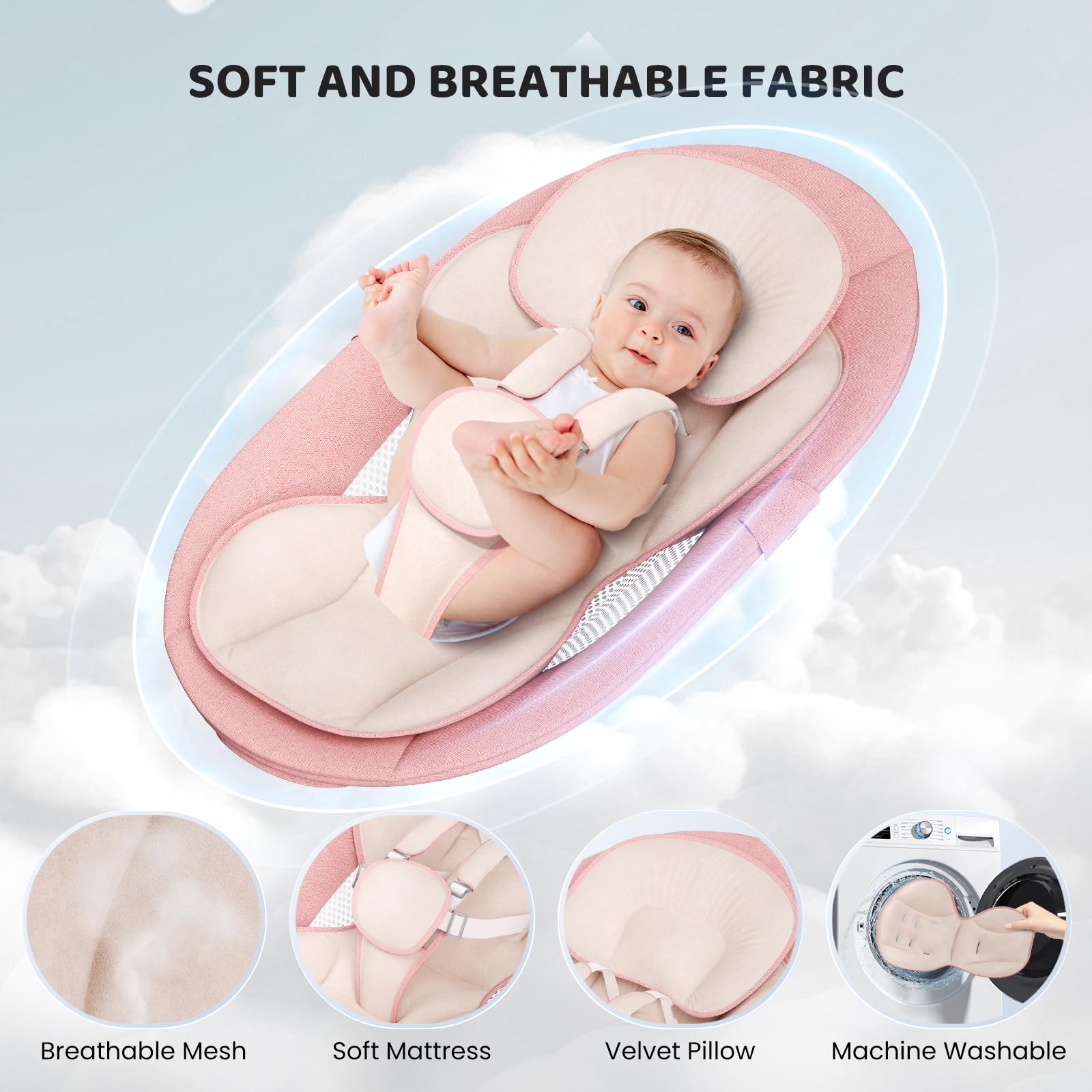 Transat Bébé Electrique – APP & Télécommande Balancelle Bébé Electrique, Balancelle pour Bébe Avec 3 Minuteries, 5 Vitesses de Balançoire, 10 Musiques, Bluetooth Transat Baby (APP Rose)