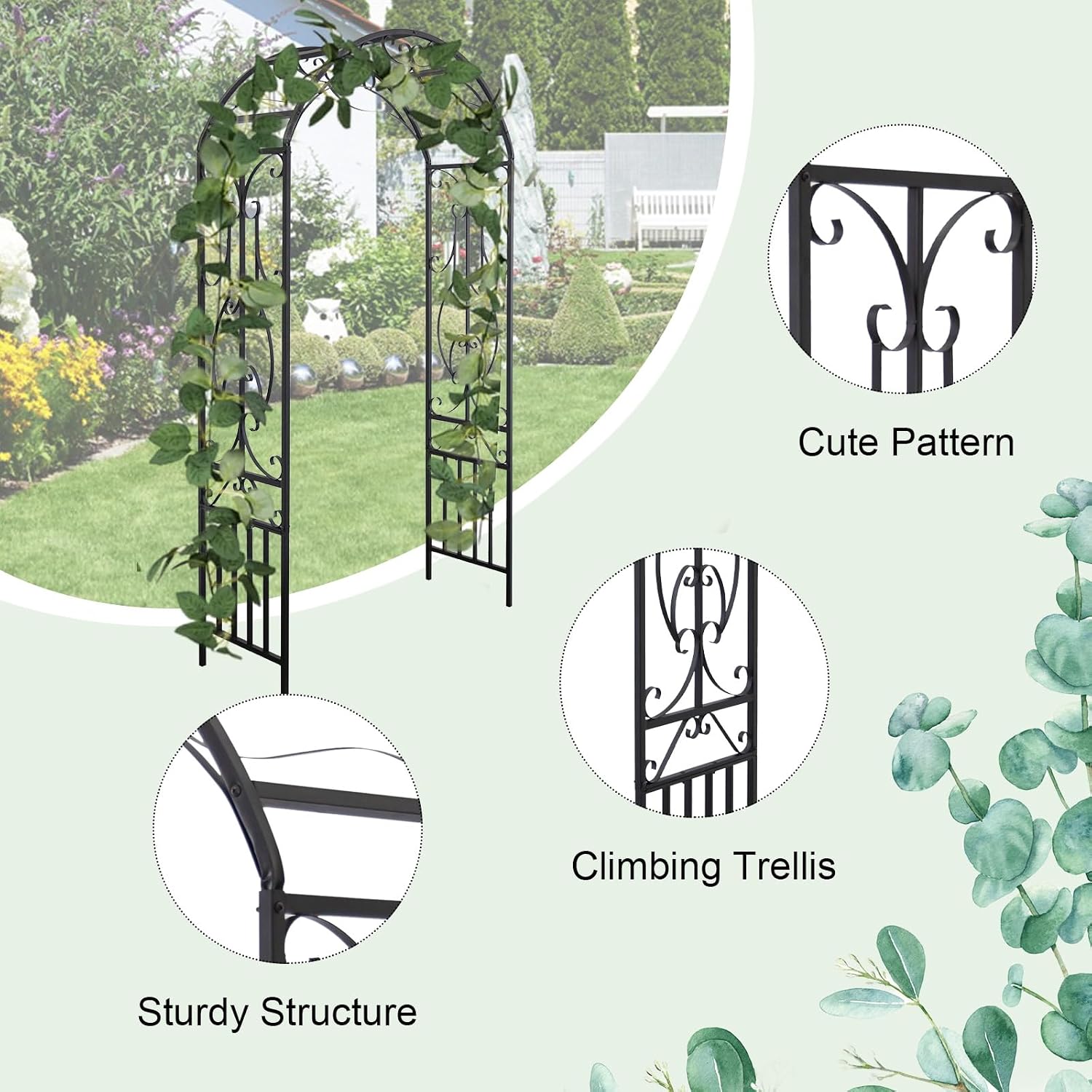 kinbor Garden Arch Trellis - Tall Garden Arch for Wedding Ceremony Party, Steel Garden Arches Arbors, Outdoor Black Metal Arbor for Climbing Vines Roses, Lawn, Patio and Backyard