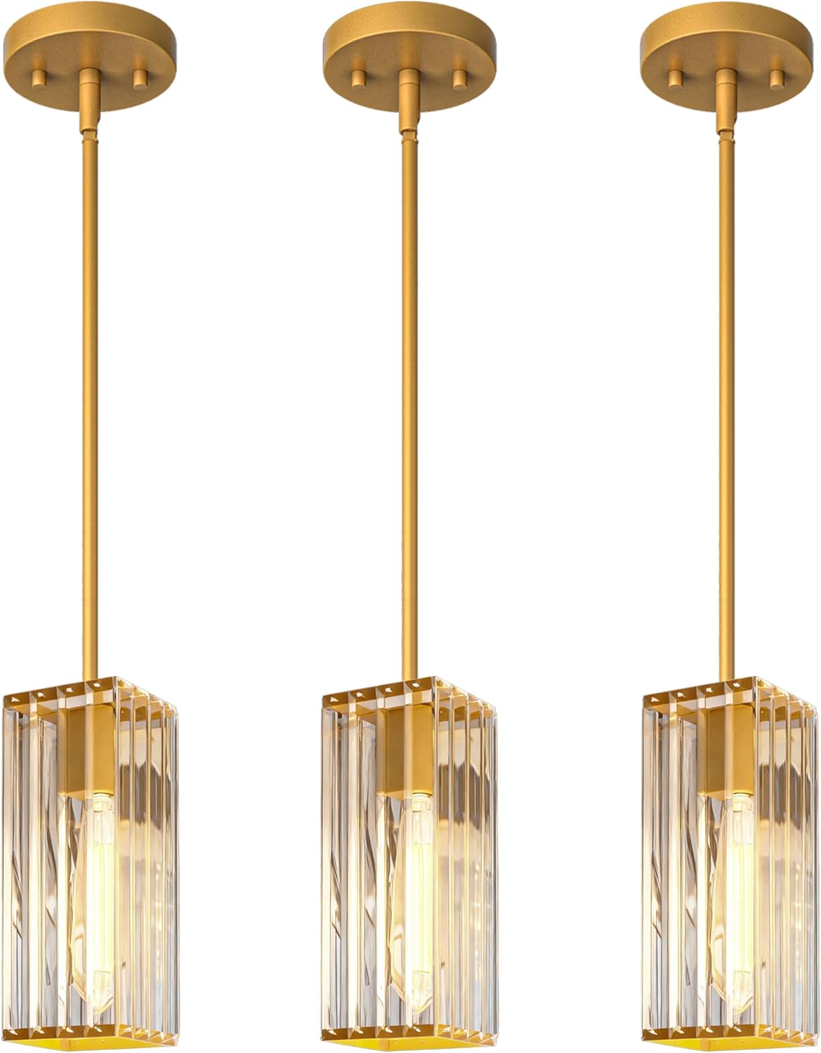 crystal pendant lights for kitchen island - 10" gold adjustable chandelier, dimmable e26 hanging fixture, modern lighting for dining bar 3pcs paint gold-3pack