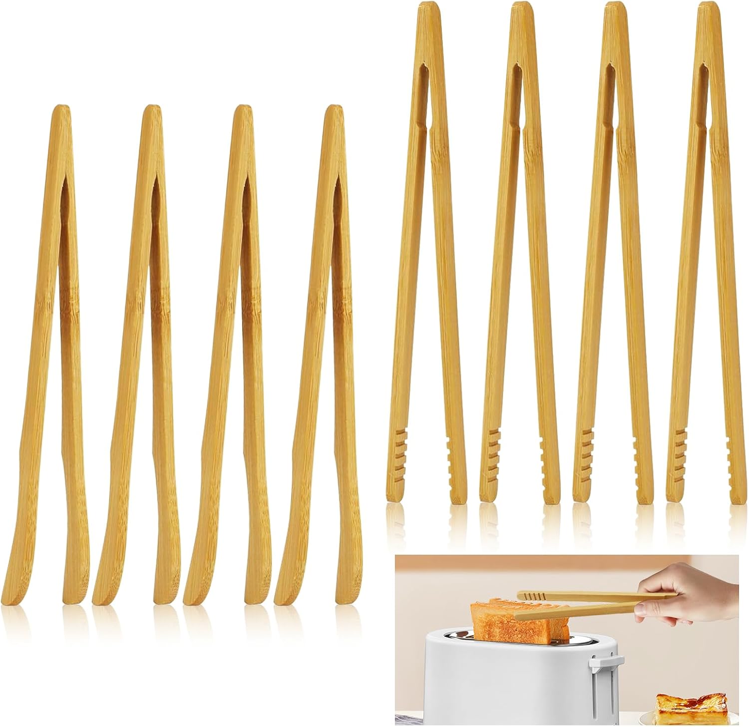 8Pcs Bamboo Toast Tongs, KUAOOAUK Wood Cooking Tongs, Reusable 7’’ Bamboo Kitchen Utensil, Toaster Tong for Fruits Bread Salad Pasta BBQ Cheese Bacon Fruits Tea Muffin