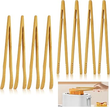 8Pcs Bamboo Toast Tongs, KUAOOAUK Wood Cooking Tongs, Reusable 7 Bamboo Kitchen Utensil, Toaster Tong for Fruits Bread Salad Pasta BBQ Cheese Bacon Fruits Tea Muffin