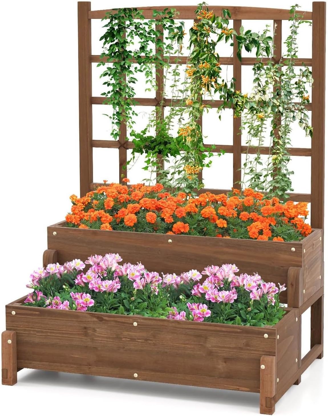 Wooden Raised Garden Bed,2-Tier Gardening Planters with Legs & Drainage Holes,Elevated Planter Box,Raised Plant Bed with Trellis & 2 Planter Boxes for Patio Balcony Backyard Garden Lawn(1)
