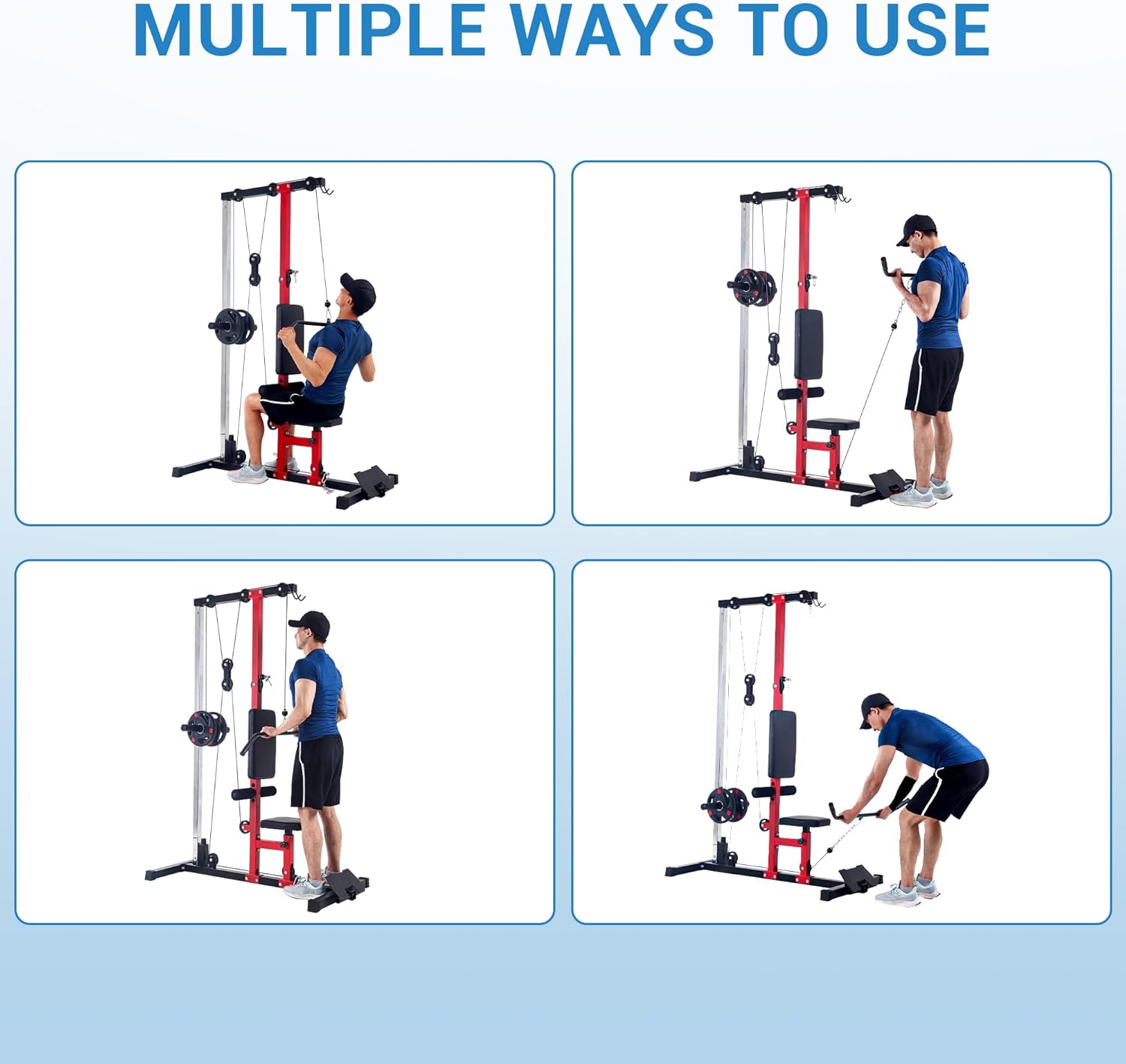 LAT Pull Down Machine with High and Low Pulley Station, LAT Row Cable Machine with Adjustable Legs Support, Heavy Duty Back Exercise Equipment for Home Gym Strength Training, Black Red