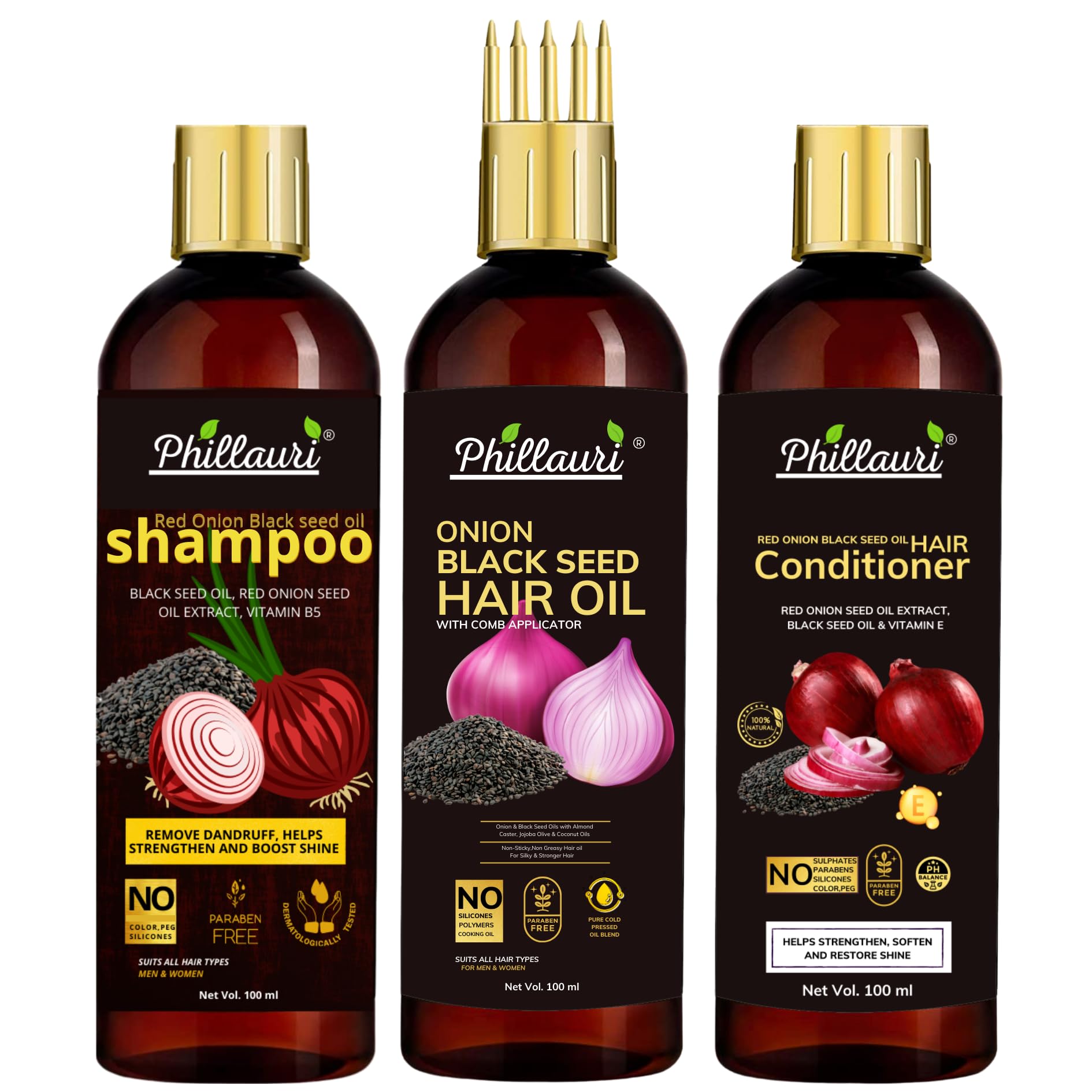 Red Onion Black Seed Oil Ultimate Hair Care Combo for Hair Fall Control and Growth | Hair Oil, Shampoo, Conditioner (100ml Each)