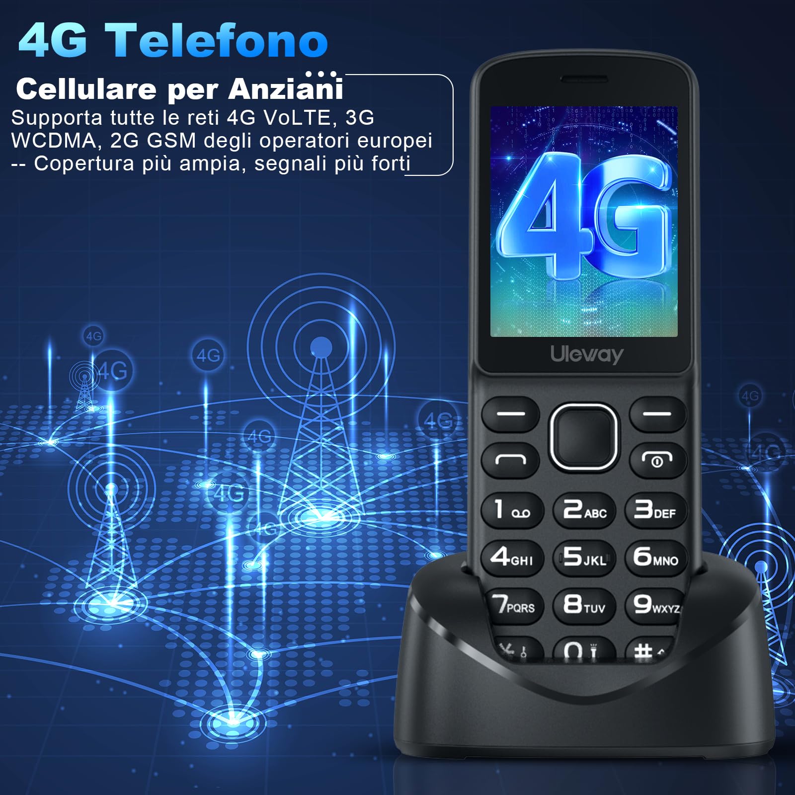 4G Telefono Cellulare per Anziani con Tasti Grandi, Ampio Display IPS 2,4" | Batteria da 1400 mAh, Telefoni per Persone Anziane Facile da Usare, Slot per Nano SIM, Chiamata Rapida,Base di Ricarica