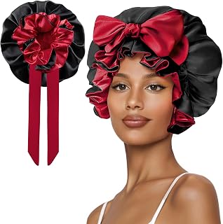 Hair Bonnet for Sleeping, Satin Silk Shower Cap Women 2025 with Tie Band and Adjustable Straps Head Wrap for Curly Hair Black F