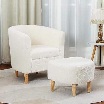 Tub Chairs Armchair with Footstool Sherpa chair White Fluffy Chair Upholstered Occasional Bucket Chairs Accent Chair for Bedroom Dining Living Room Office Reception Small Spaces - White