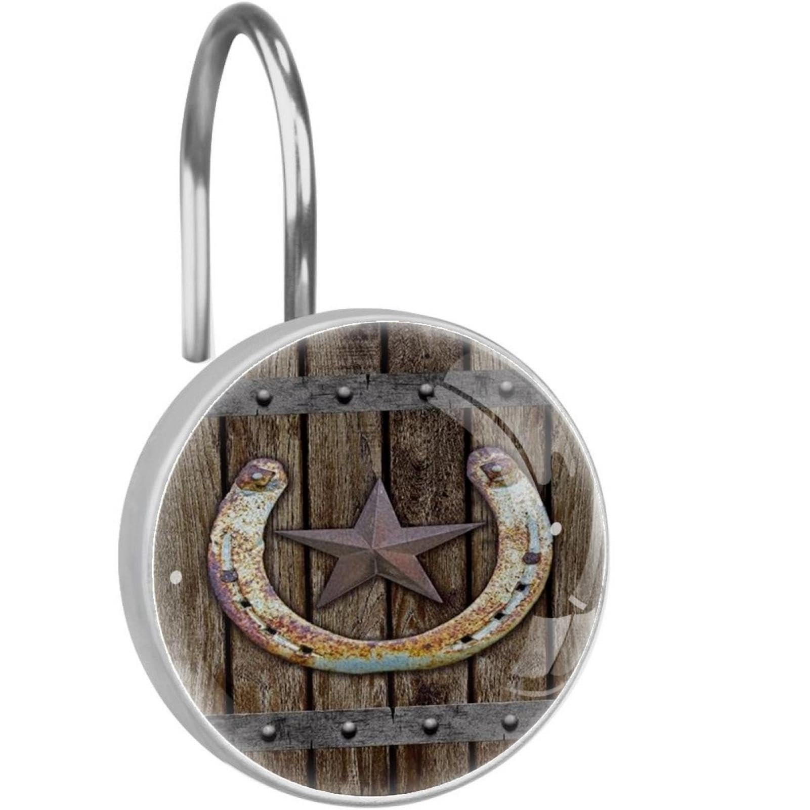 Rustic Farmhouse Horseshoe Texas Star on Old Barn Wooden 12 Pack Shower Curtain Hooks Decorative Shower Curtain Hook and Ring Set ABS Resin Anti-Rust Bathroom Curtain Rings