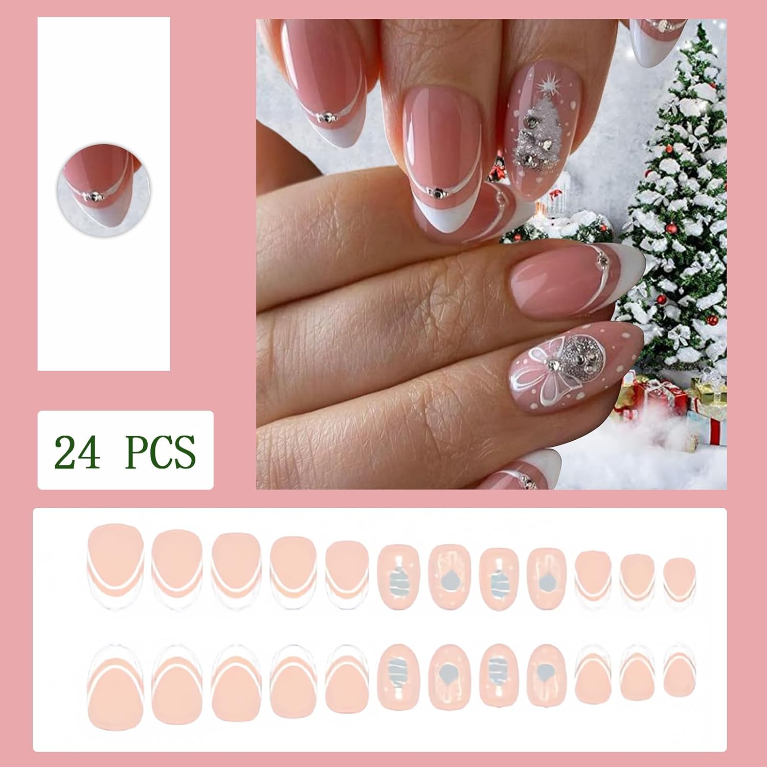 Christmas Press-On Nails Short Almond False Nails Glitter Christmas Tree False Nails White French Tip with Rhinestone Design Stick-On Nails Women Girls Christmas Nail Art Decorations 24 Pieces