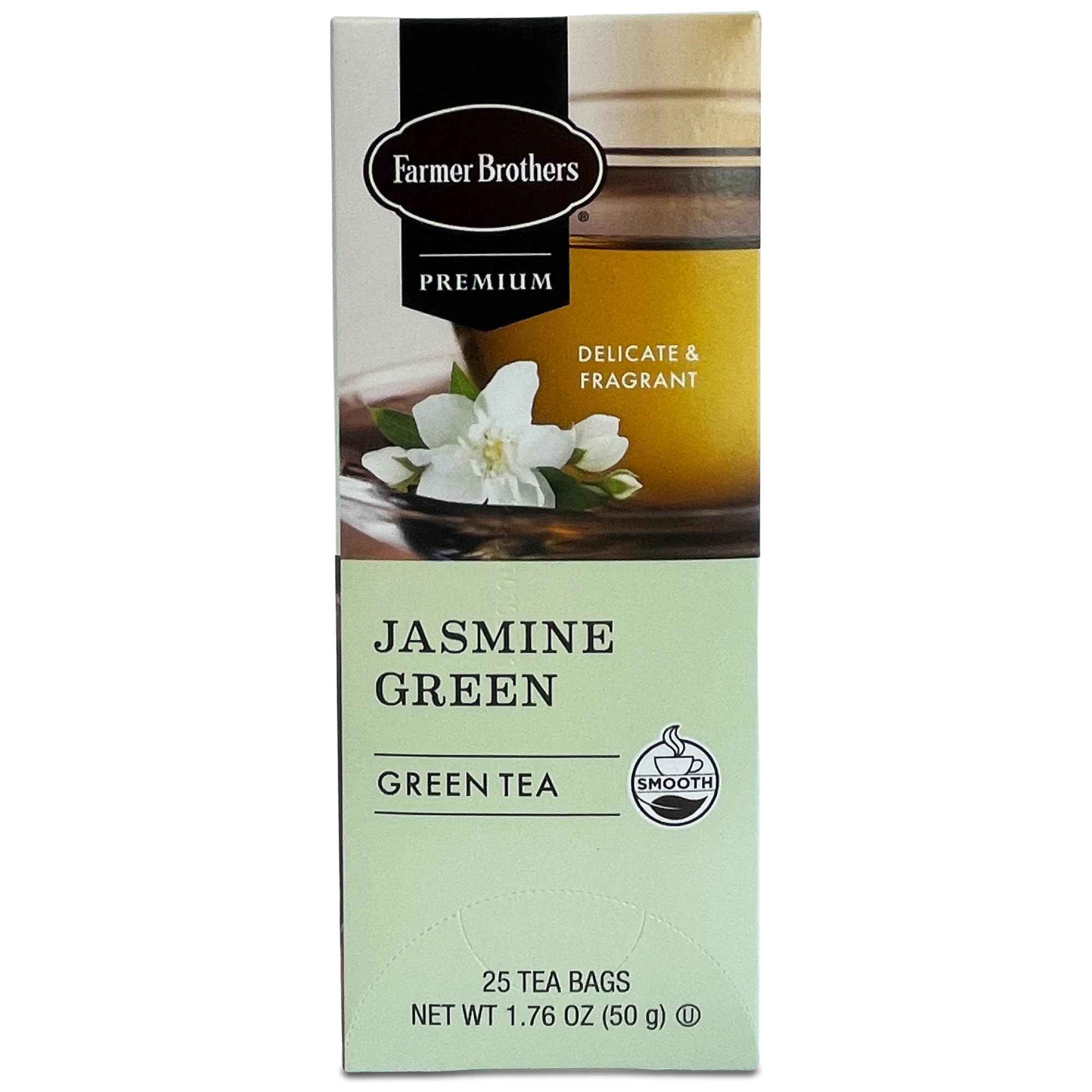 Farmer Brothers Premium Jasmine Green Tea, 25 Individually Wrapped Tea Bags – Smooth, Fragrant, Gluten-Free, Kosher Certified, Naturally Sweet and
